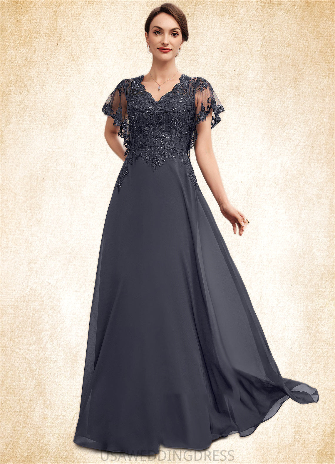 Aryanna A-line V-Neck Floor-Length Chiffon Lace Mother of the Bride Dress With Sequins DS126P0014542