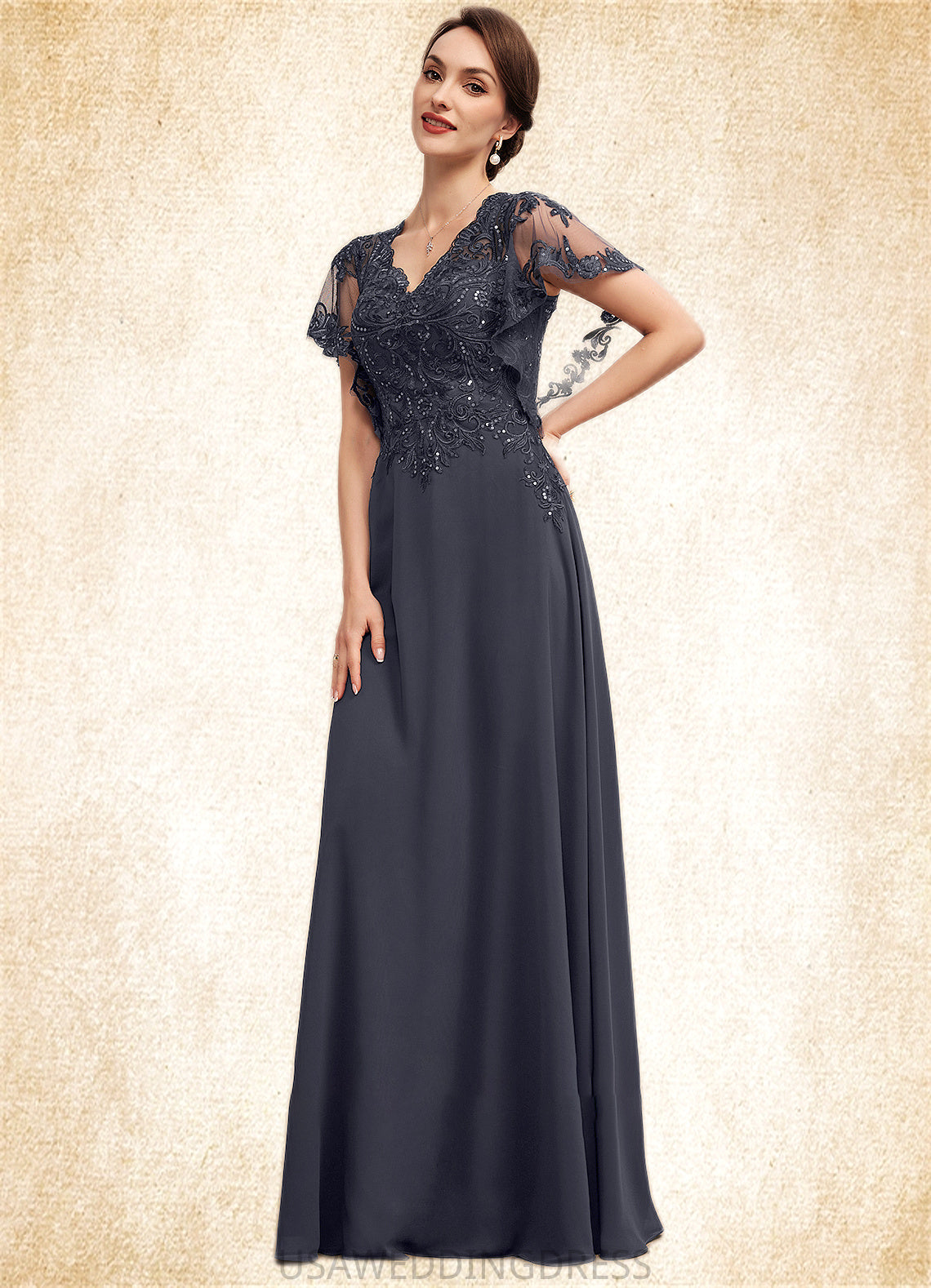 Aryanna A-line V-Neck Floor-Length Chiffon Lace Mother of the Bride Dress With Sequins DS126P0014542