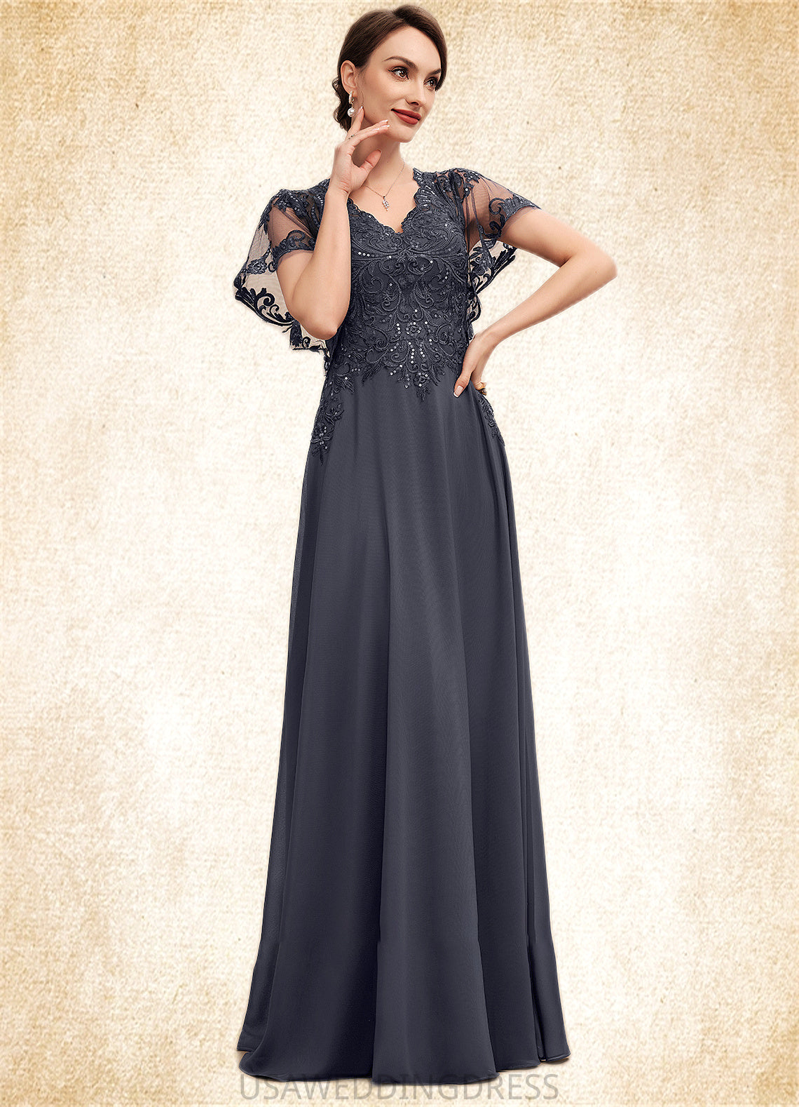 Aryanna A-line V-Neck Floor-Length Chiffon Lace Mother of the Bride Dress With Sequins DS126P0014542