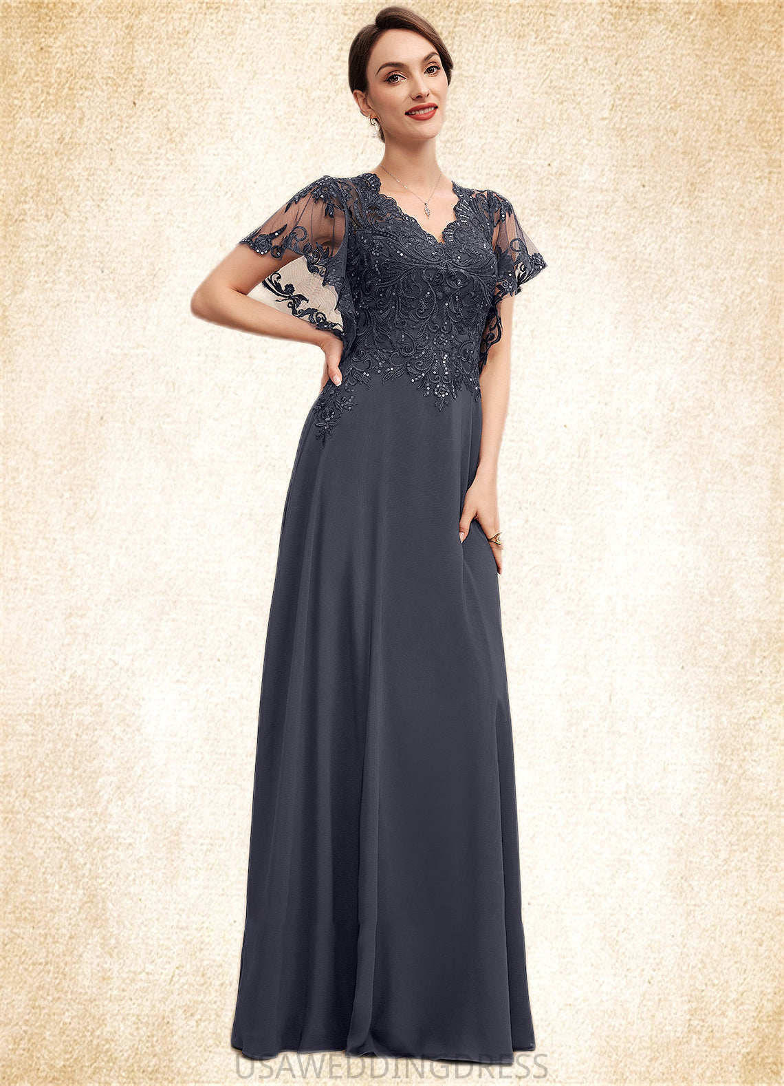 Aryanna A-line V-Neck Floor-Length Chiffon Lace Mother of the Bride Dress With Sequins DS126P0014542