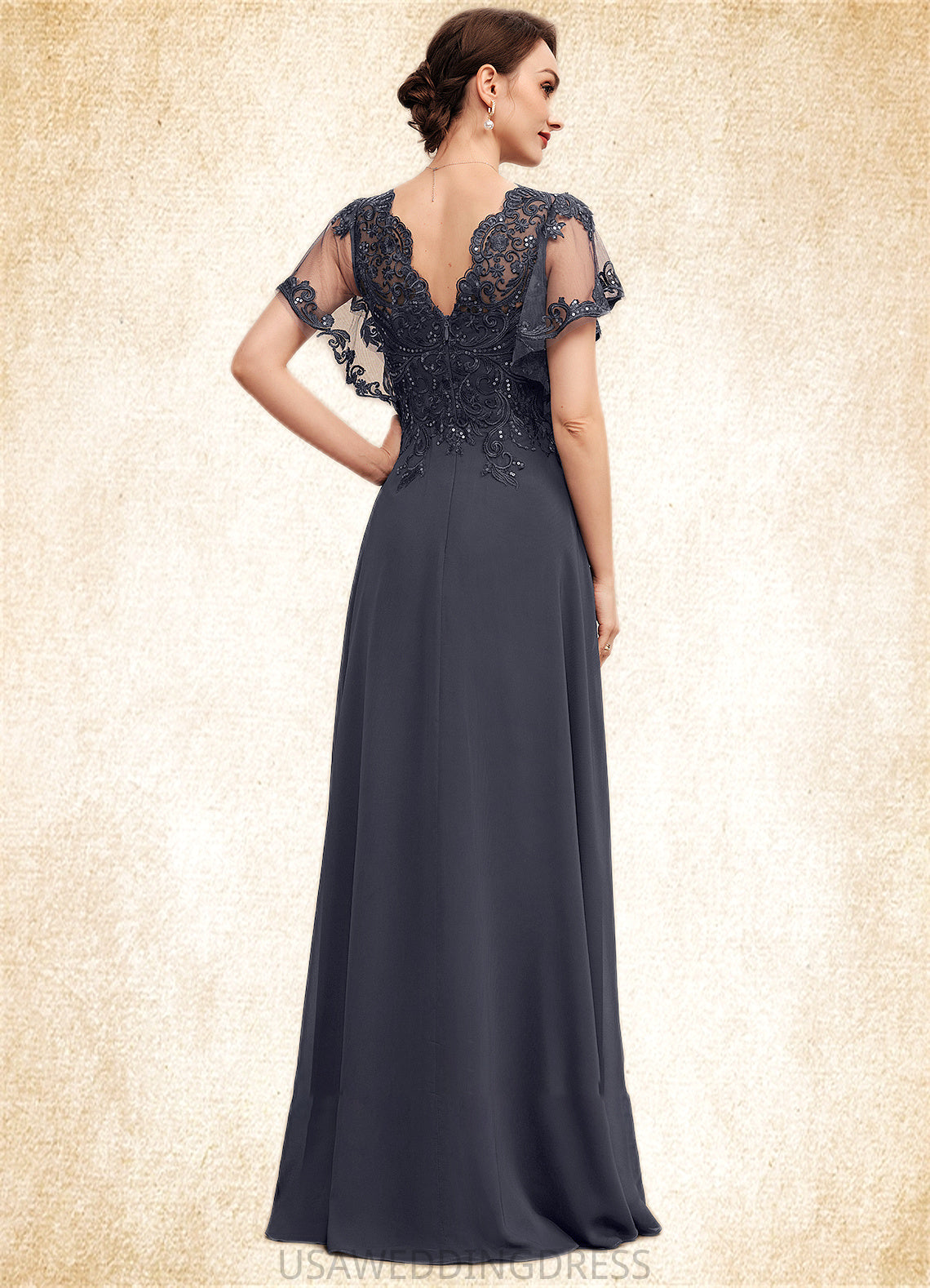 Aryanna A-line V-Neck Floor-Length Chiffon Lace Mother of the Bride Dress With Sequins DS126P0014542