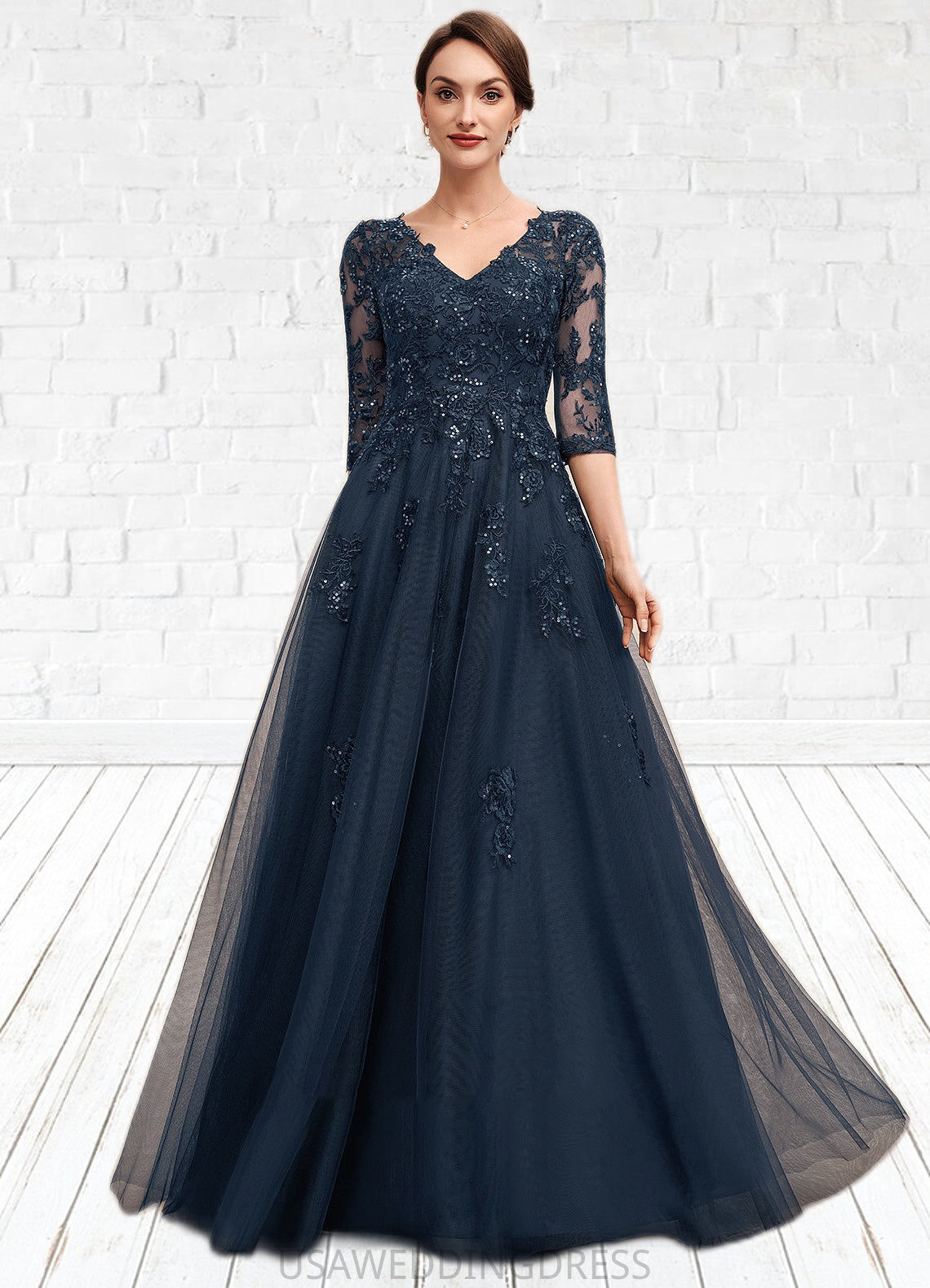 Ansley A-Line V-neck Floor-Length Tulle Lace Mother of the Bride Dress With Sequins DS126P0014543