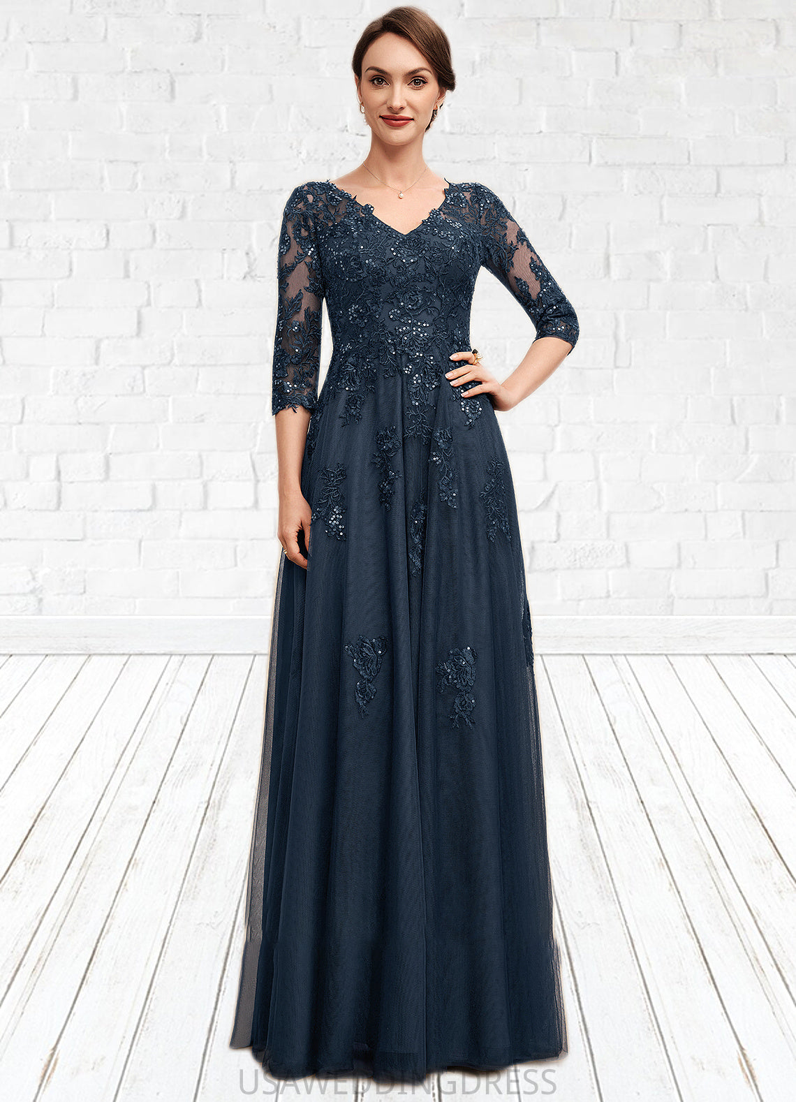 Ansley A-Line V-neck Floor-Length Tulle Lace Mother of the Bride Dress With Sequins DS126P0014543