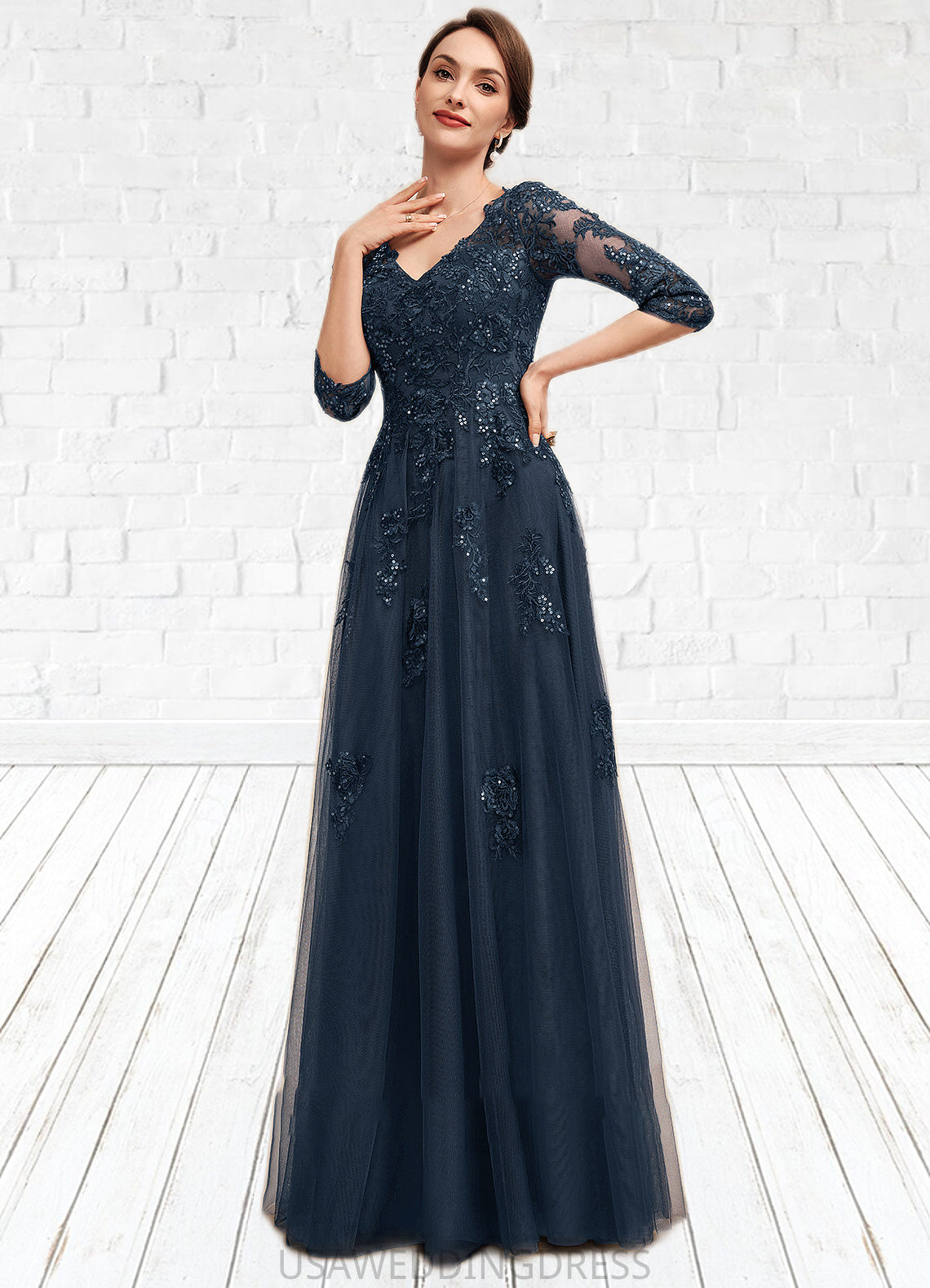 Ansley A-Line V-neck Floor-Length Tulle Lace Mother of the Bride Dress With Sequins DS126P0014543