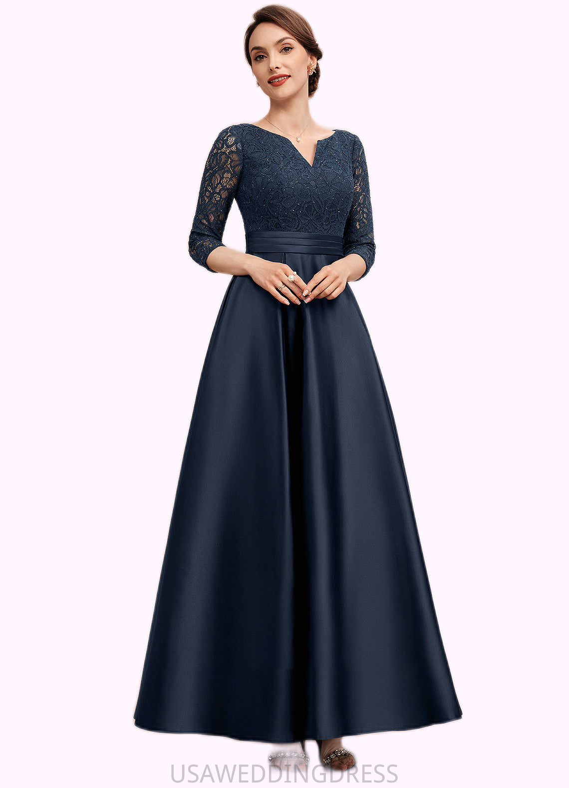 Aurora A-Line V-neck Ankle-Length Satin Lace Mother of the Bride Dress With Beading DS126P0014545