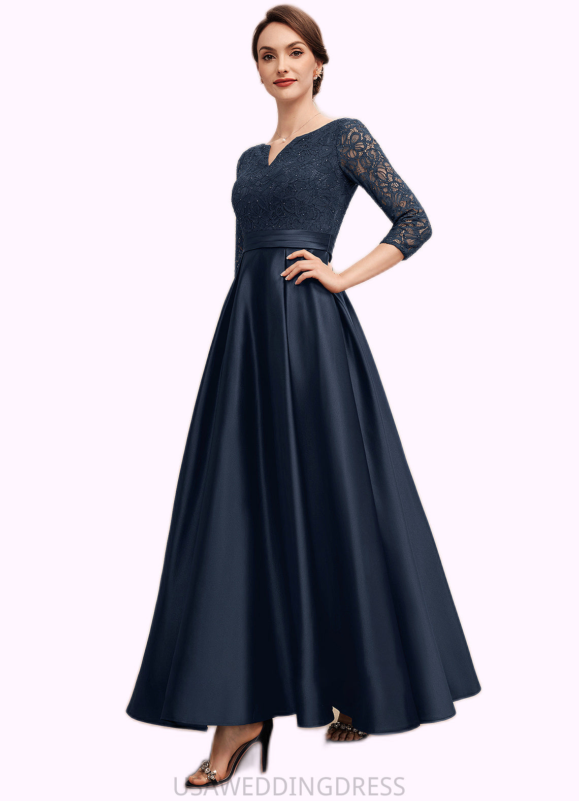 Aurora A-Line V-neck Ankle-Length Satin Lace Mother of the Bride Dress With Beading DS126P0014545