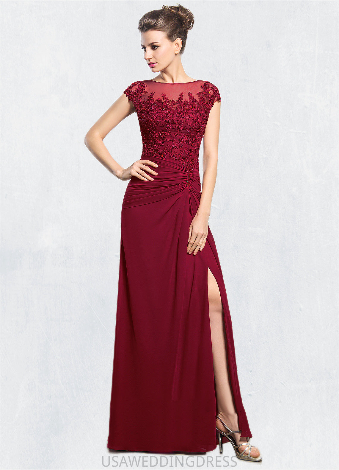 Geraldine Sheath/Column Scoop Neck Floor-Length Chiffon Mother of the Bride Dress With Ruffle Beading Appliques Lace Sequins Split Front DS126P0014549