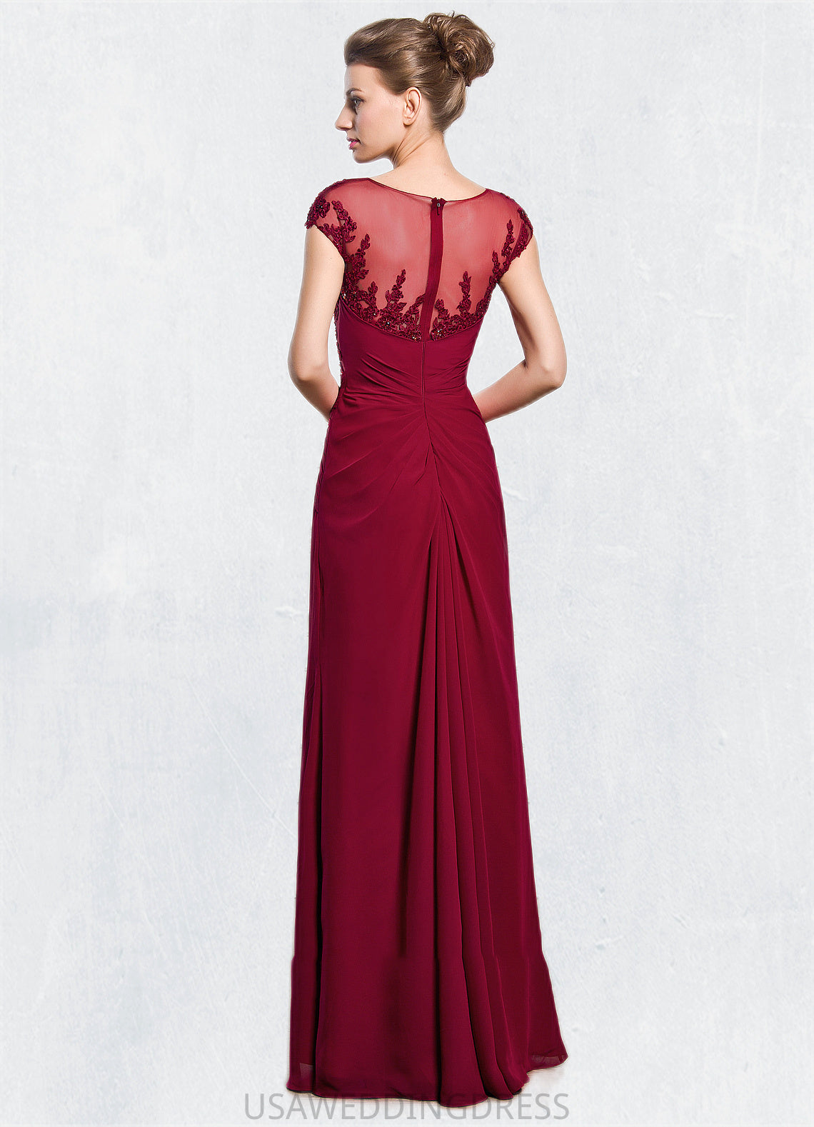 Geraldine Sheath/Column Scoop Neck Floor-Length Chiffon Mother of the Bride Dress With Ruffle Beading Appliques Lace Sequins Split Front DS126P0014549