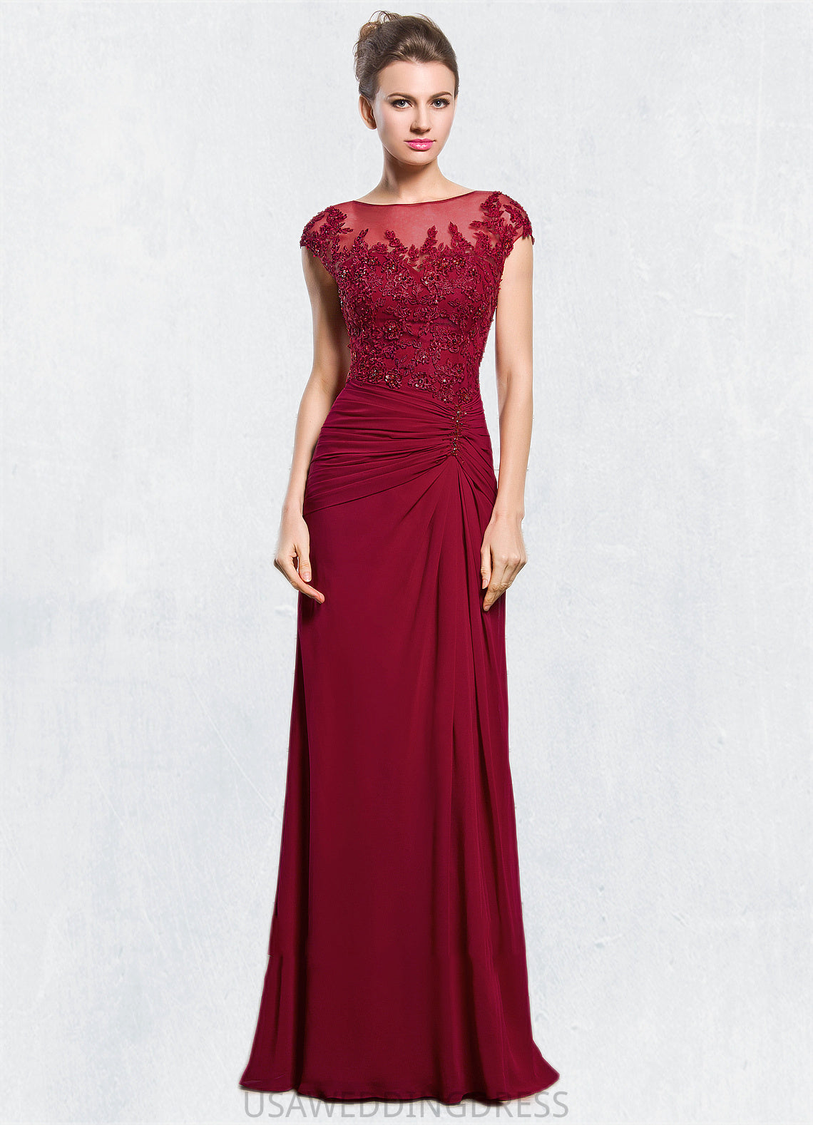 Geraldine Sheath/Column Scoop Neck Floor-Length Chiffon Mother of the Bride Dress With Ruffle Beading Appliques Lace Sequins Split Front DS126P0014549