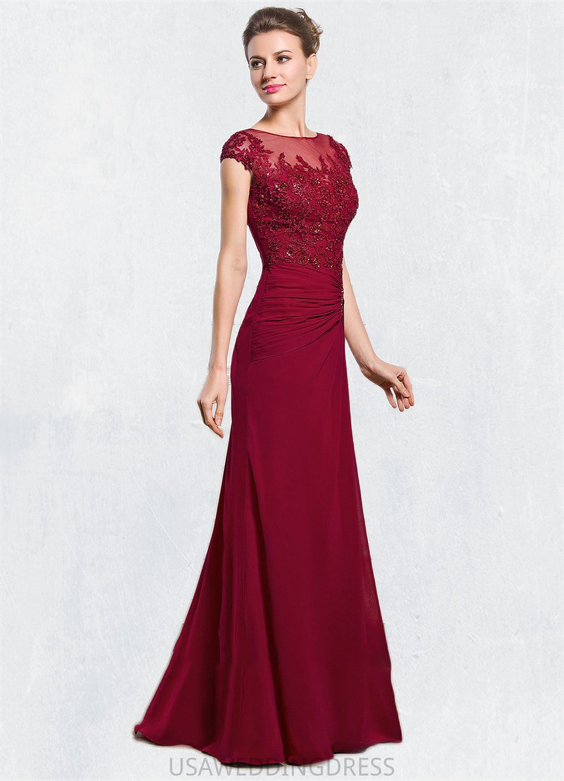 Geraldine Sheath/Column Scoop Neck Floor-Length Chiffon Mother of the Bride Dress With Ruffle Beading Appliques Lace Sequins Split Front DS126P0014549