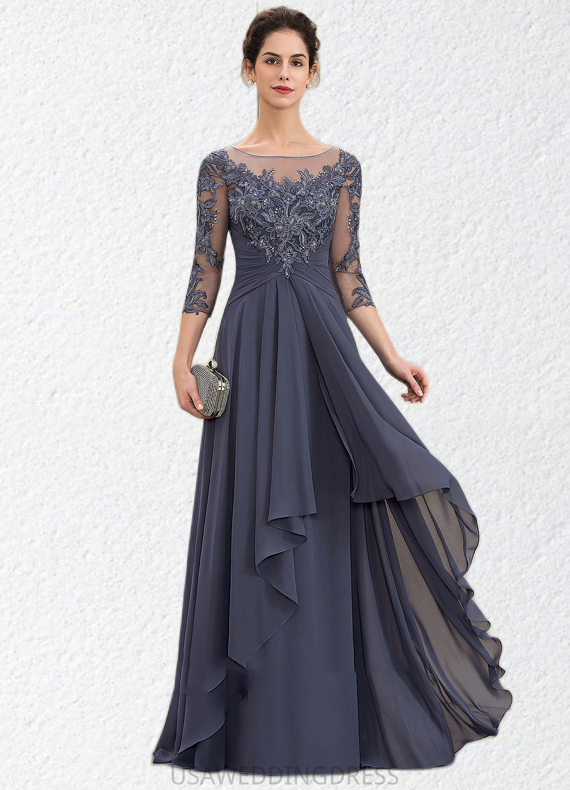 Zara A-Line Scoop Neck Floor-Length Chiffon Lace Mother of the Bride Dress With Cascading Ruffles DS126P0014550