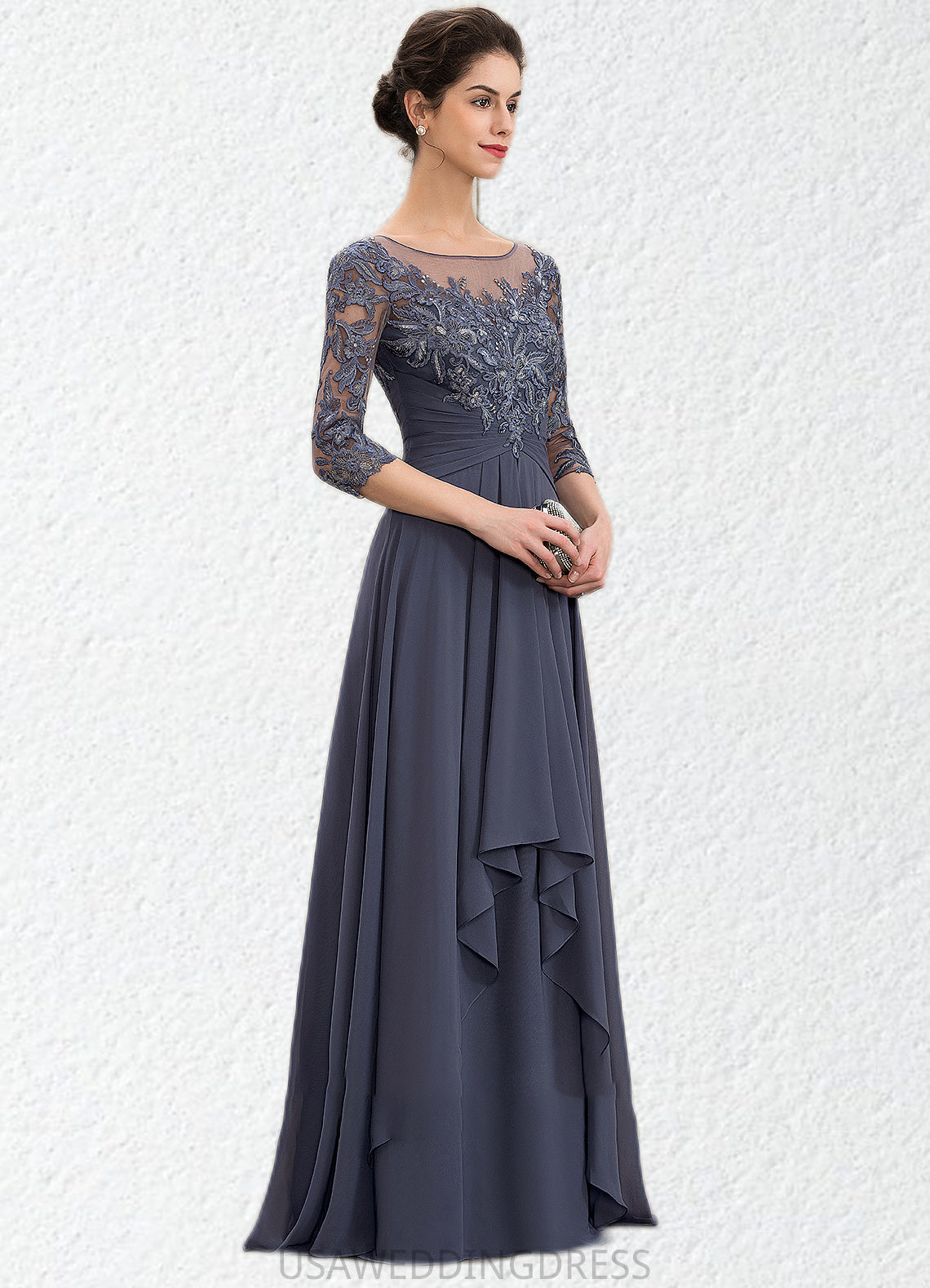 Zara A-Line Scoop Neck Floor-Length Chiffon Lace Mother of the Bride Dress With Cascading Ruffles DS126P0014550