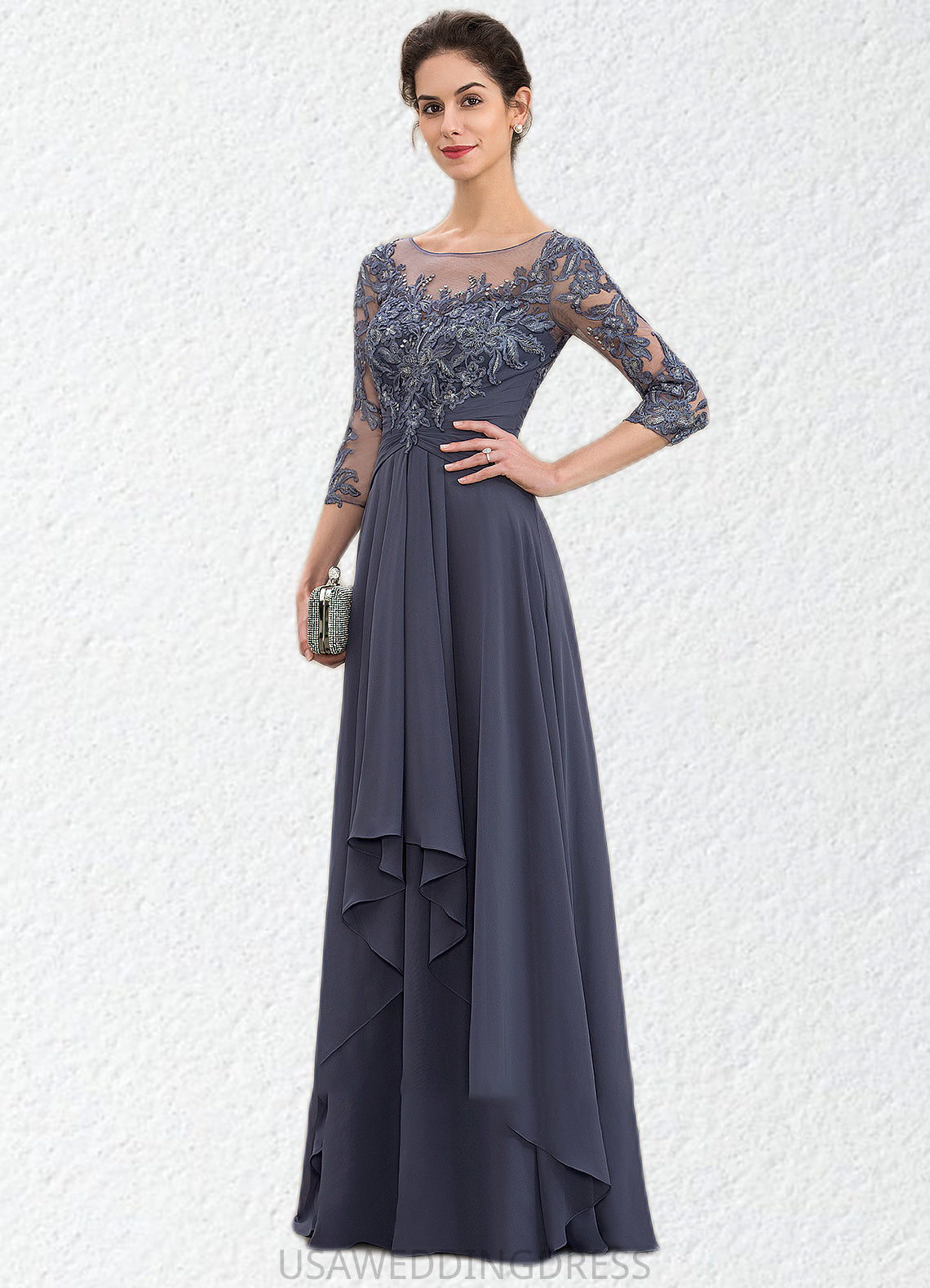 Zara A-Line Scoop Neck Floor-Length Chiffon Lace Mother of the Bride Dress With Cascading Ruffles DS126P0014550