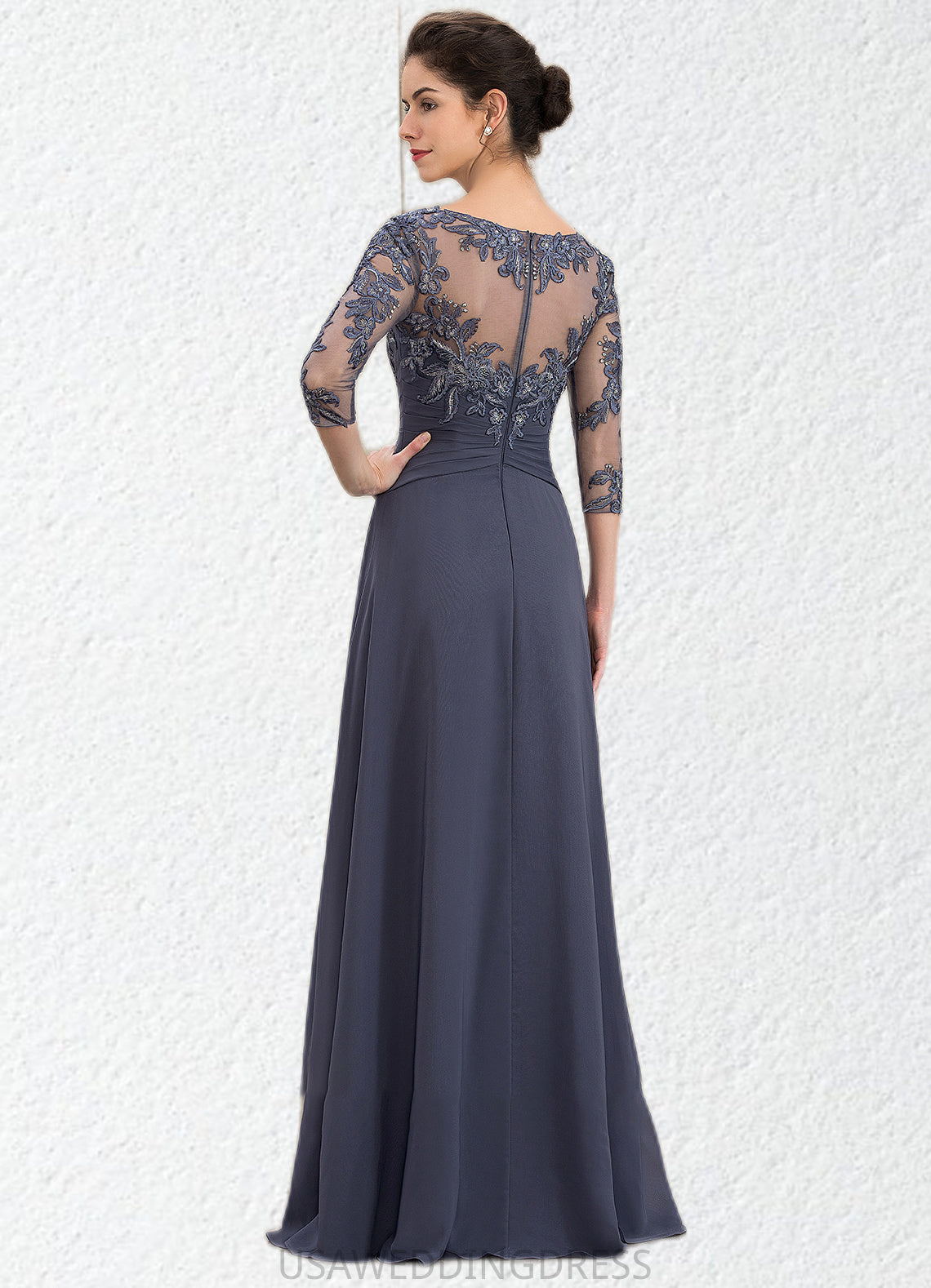 Zara A-Line Scoop Neck Floor-Length Chiffon Lace Mother of the Bride Dress With Cascading Ruffles DS126P0014550