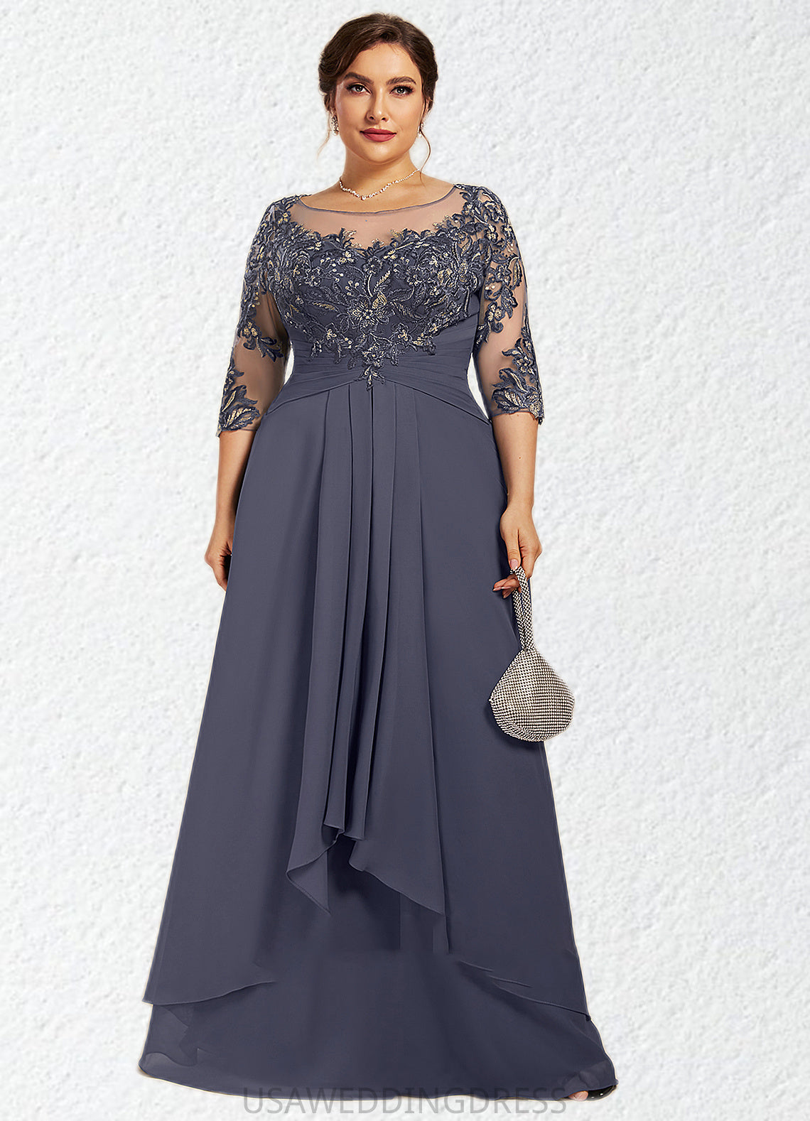 Zara A-Line Scoop Neck Floor-Length Chiffon Lace Mother of the Bride Dress With Cascading Ruffles DS126P0014550