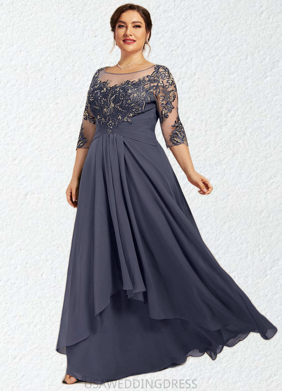 Zara A-Line Scoop Neck Floor-Length Chiffon Lace Mother of the Bride Dress With Cascading Ruffles DS126P0014550