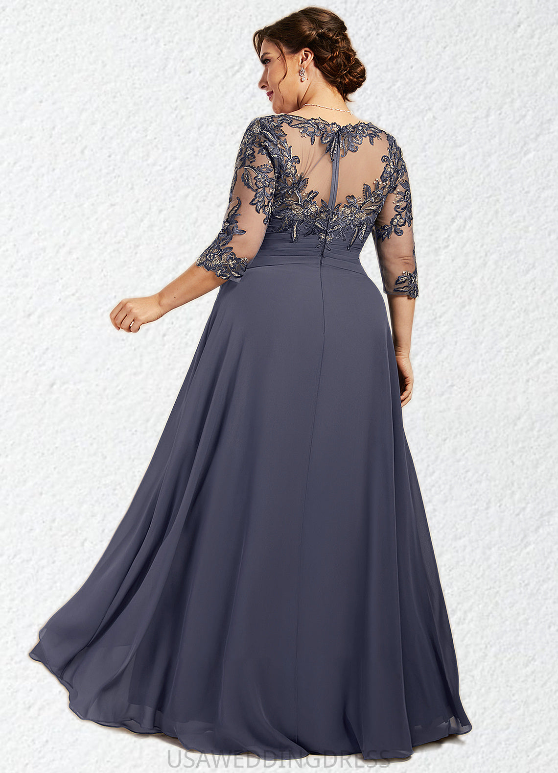 Zara A-Line Scoop Neck Floor-Length Chiffon Lace Mother of the Bride Dress With Cascading Ruffles DS126P0014550