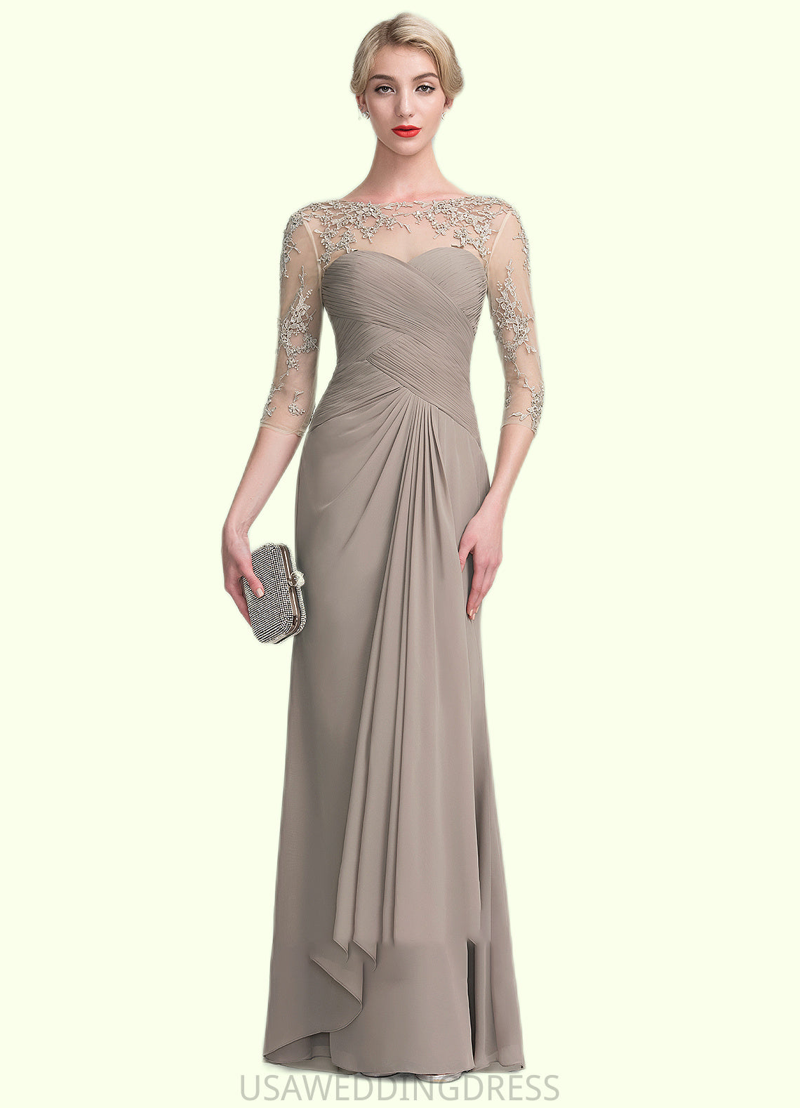 Gemma A-Line Scoop Neck Floor-Length Chiffon Lace Mother of the Bride Dress With Beading Sequins Cascading Ruffles DS126P0014551