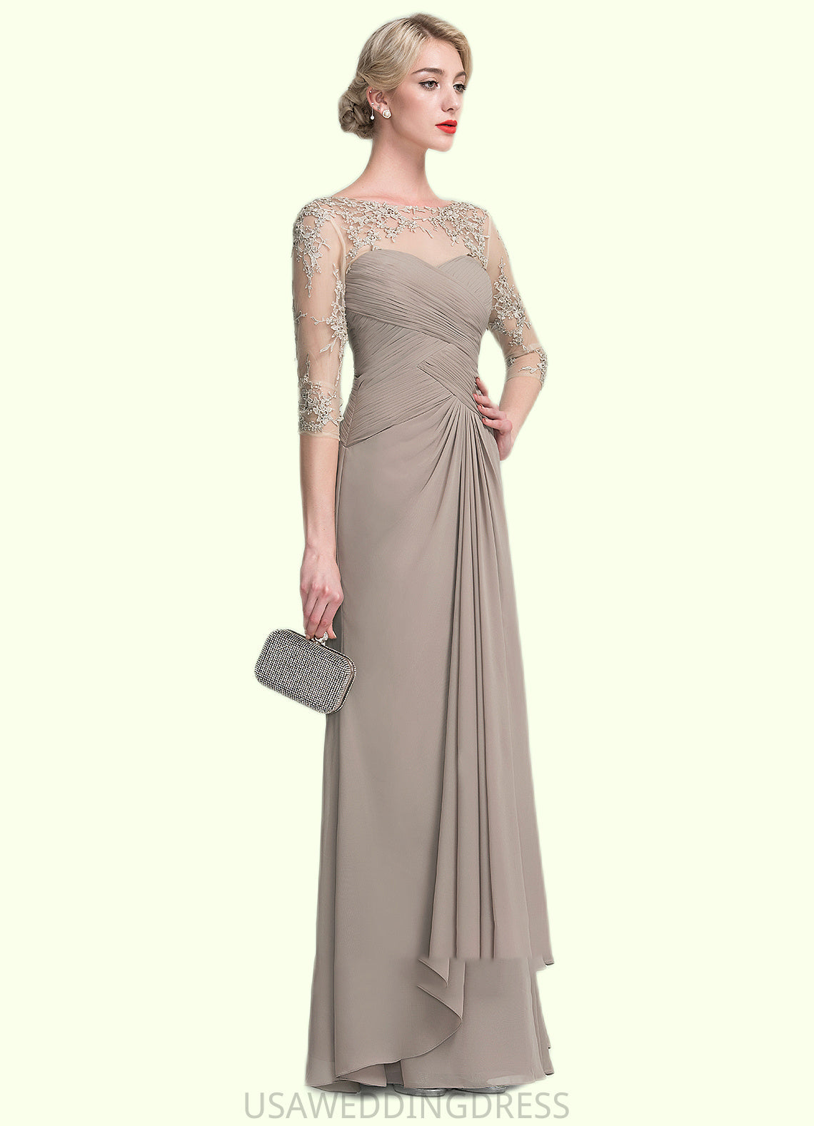 Gemma A-Line Scoop Neck Floor-Length Chiffon Lace Mother of the Bride Dress With Beading Sequins Cascading Ruffles DS126P0014551