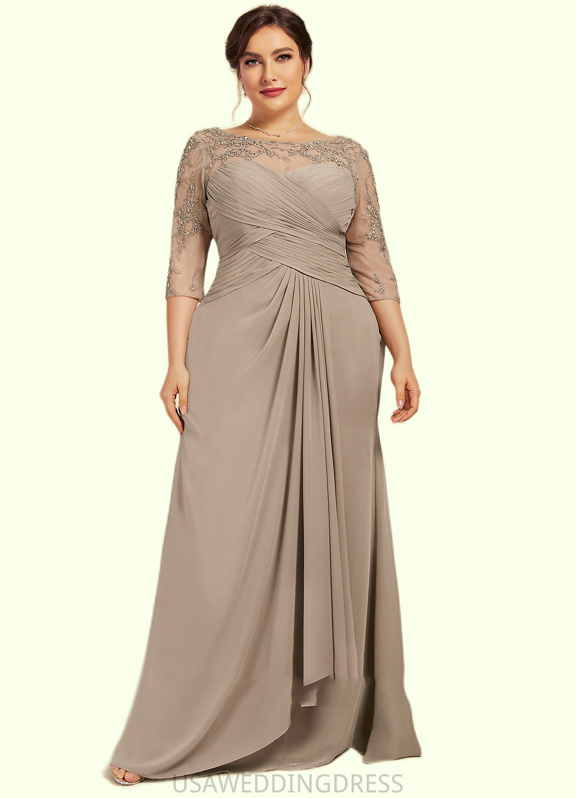 Gemma A-Line Scoop Neck Floor-Length Chiffon Lace Mother of the Bride Dress With Beading Sequins Cascading Ruffles DS126P0014551