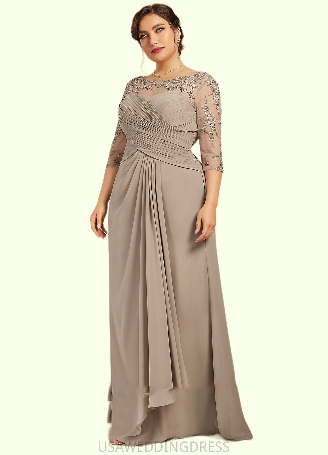 Gemma A-Line Scoop Neck Floor-Length Chiffon Lace Mother of the Bride Dress With Beading Sequins Cascading Ruffles DS126P0014551