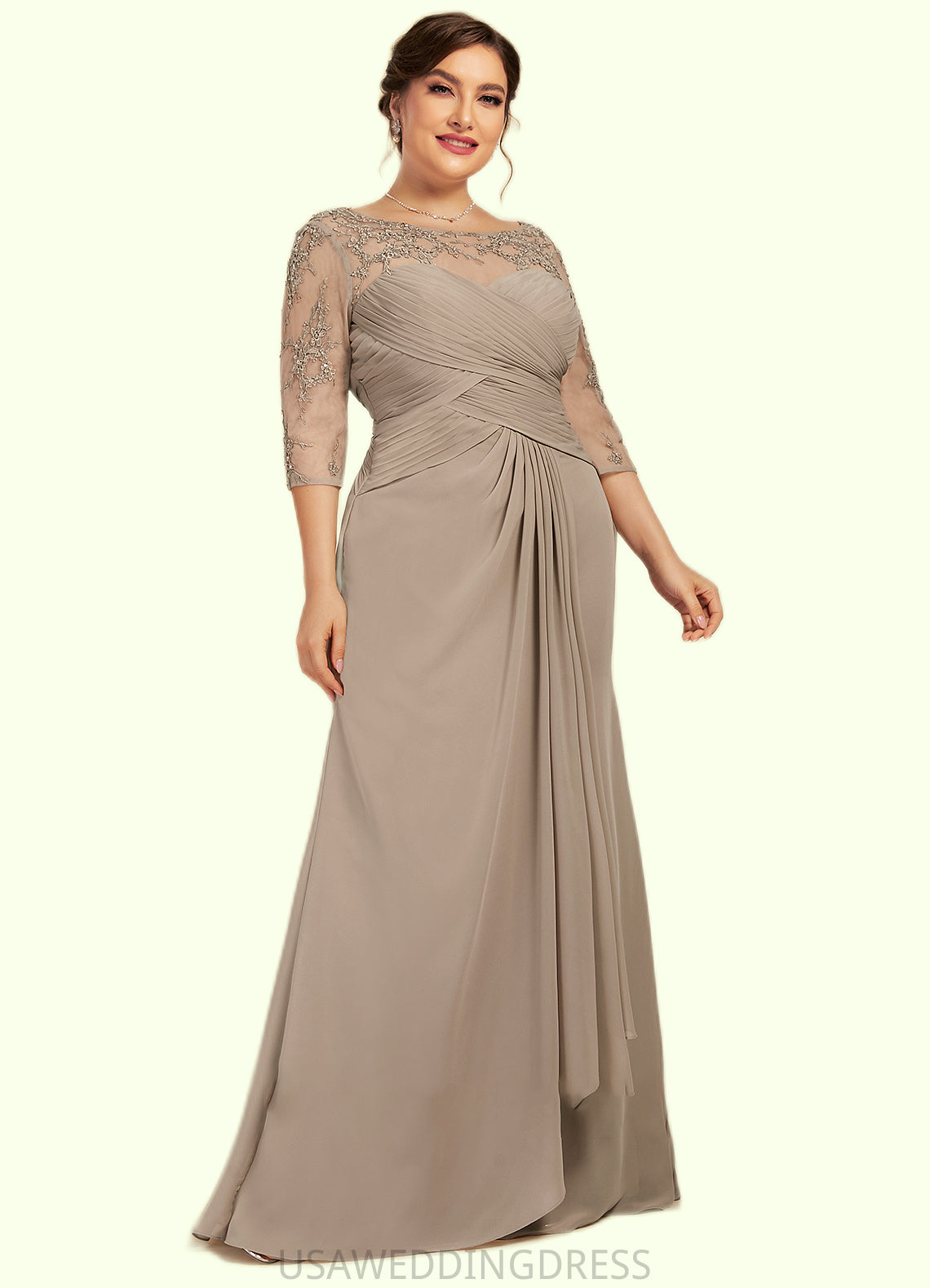 Gemma A-Line Scoop Neck Floor-Length Chiffon Lace Mother of the Bride Dress With Beading Sequins Cascading Ruffles DS126P0014551