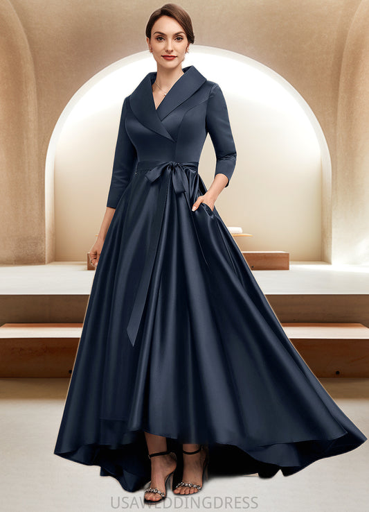 Payten A-Line V-neck Asymmetrical Satin Mother of the Bride Dress With Bow(s) Pockets DS126P0014553