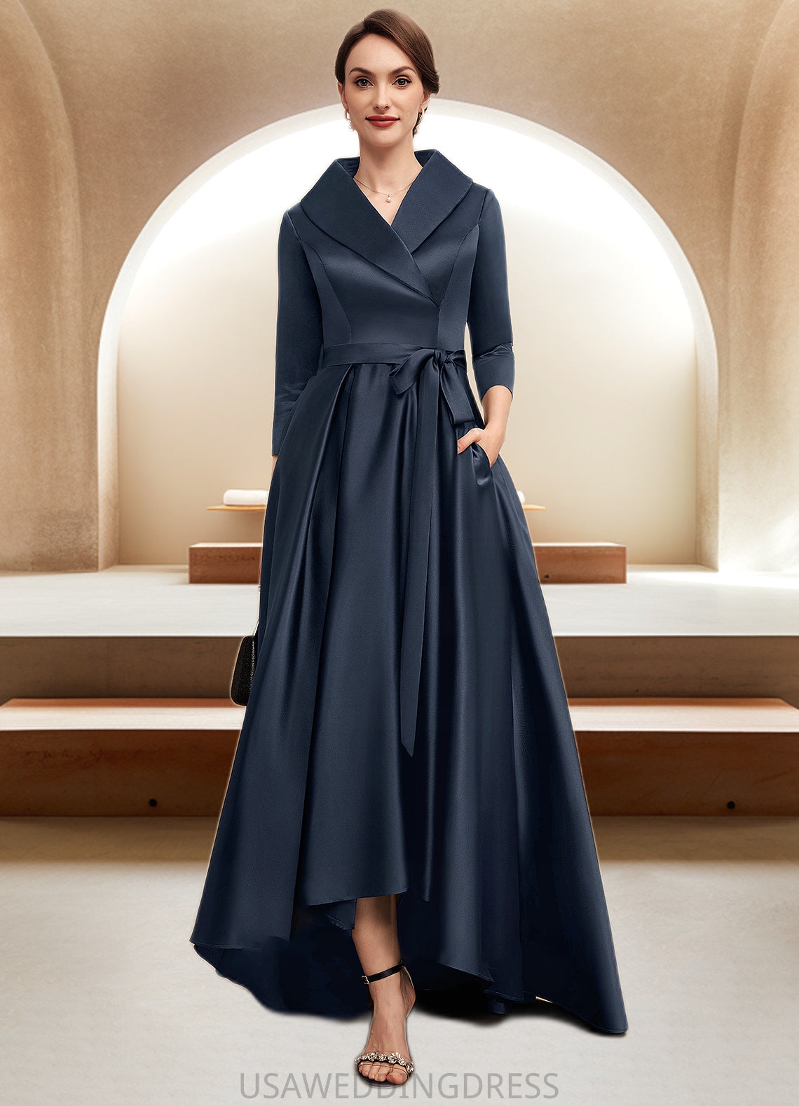 Payten A-Line V-neck Asymmetrical Satin Mother of the Bride Dress With Bow(s) Pockets DS126P0014553