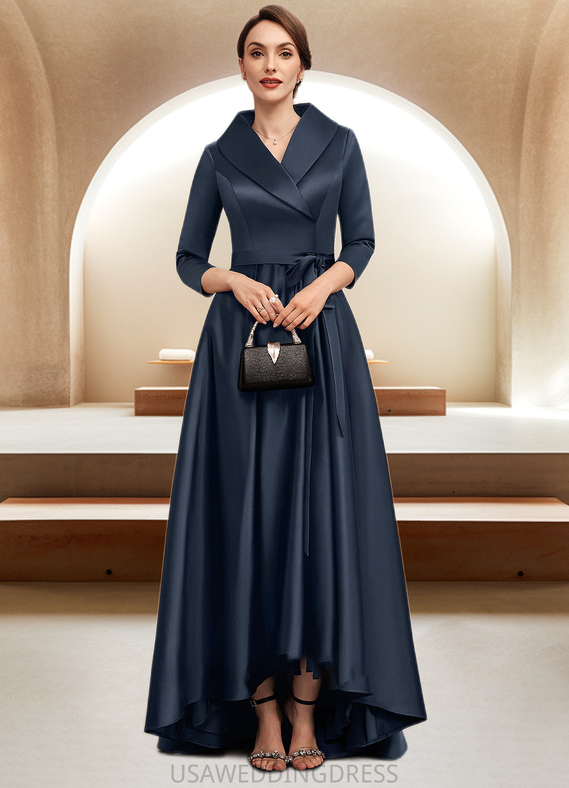 Payten A-Line V-neck Asymmetrical Satin Mother of the Bride Dress With Bow(s) Pockets DS126P0014553