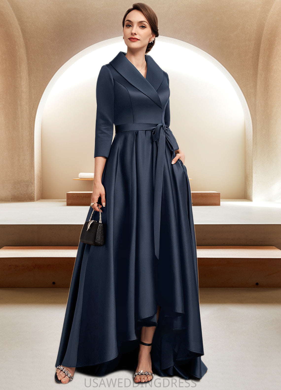 Payten A-Line V-neck Asymmetrical Satin Mother of the Bride Dress With Bow(s) Pockets DS126P0014553