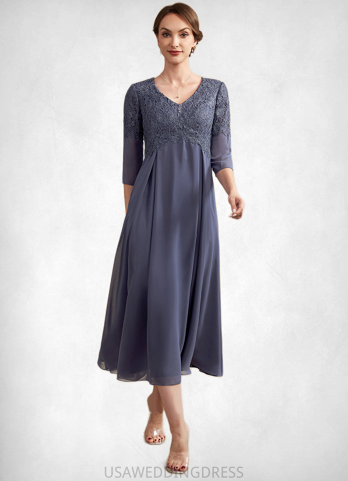 Sariah A-line V-Neck Tea-Length Chiffon Lace Mother of the Bride Dress With Beading DS126P0014554