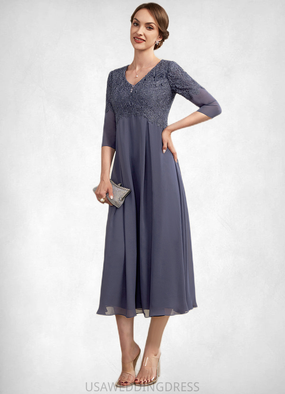 Sariah A-line V-Neck Tea-Length Chiffon Lace Mother of the Bride Dress With Beading DS126P0014554