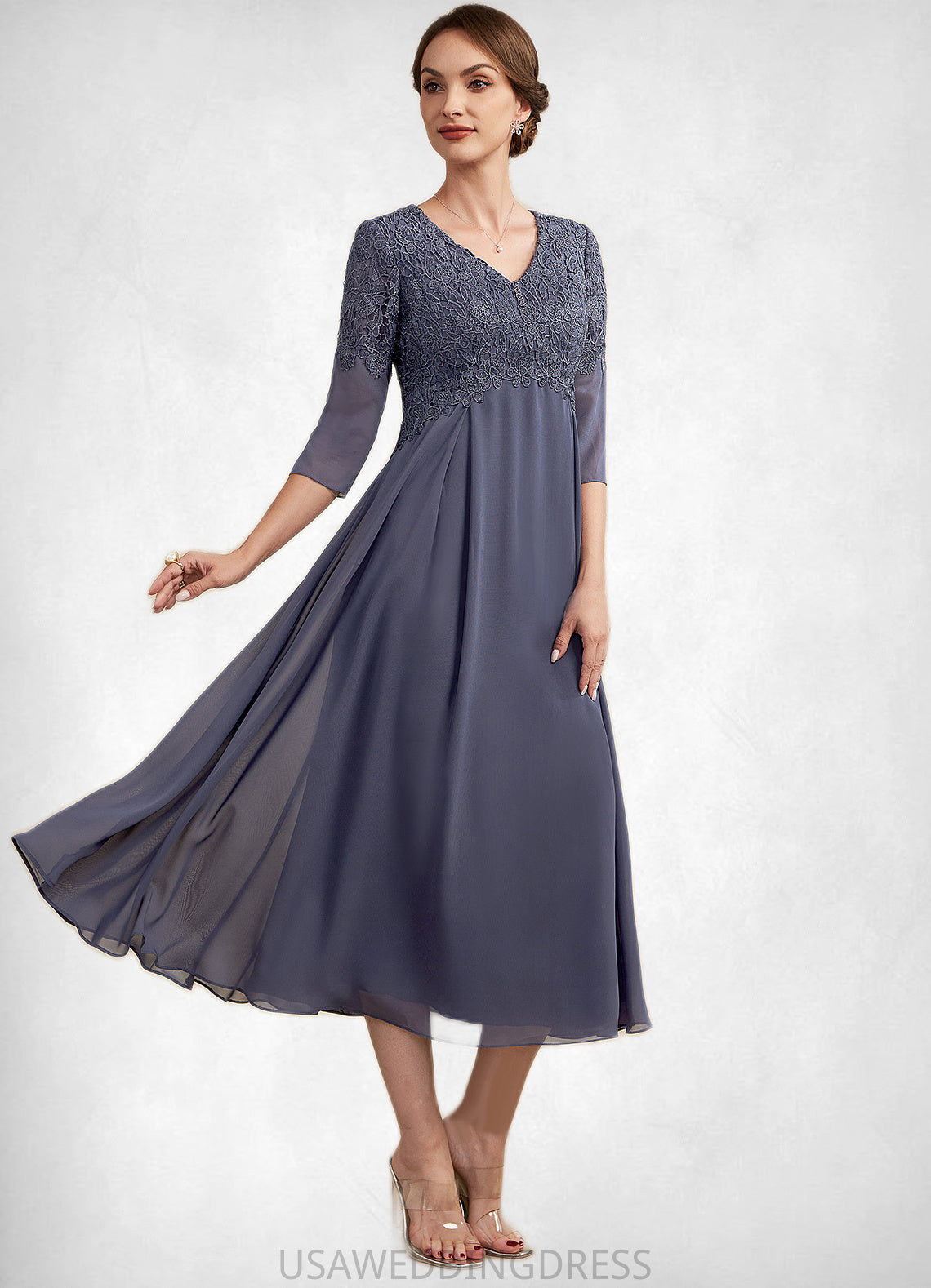 Sariah A-line V-Neck Tea-Length Chiffon Lace Mother of the Bride Dress With Beading DS126P0014554