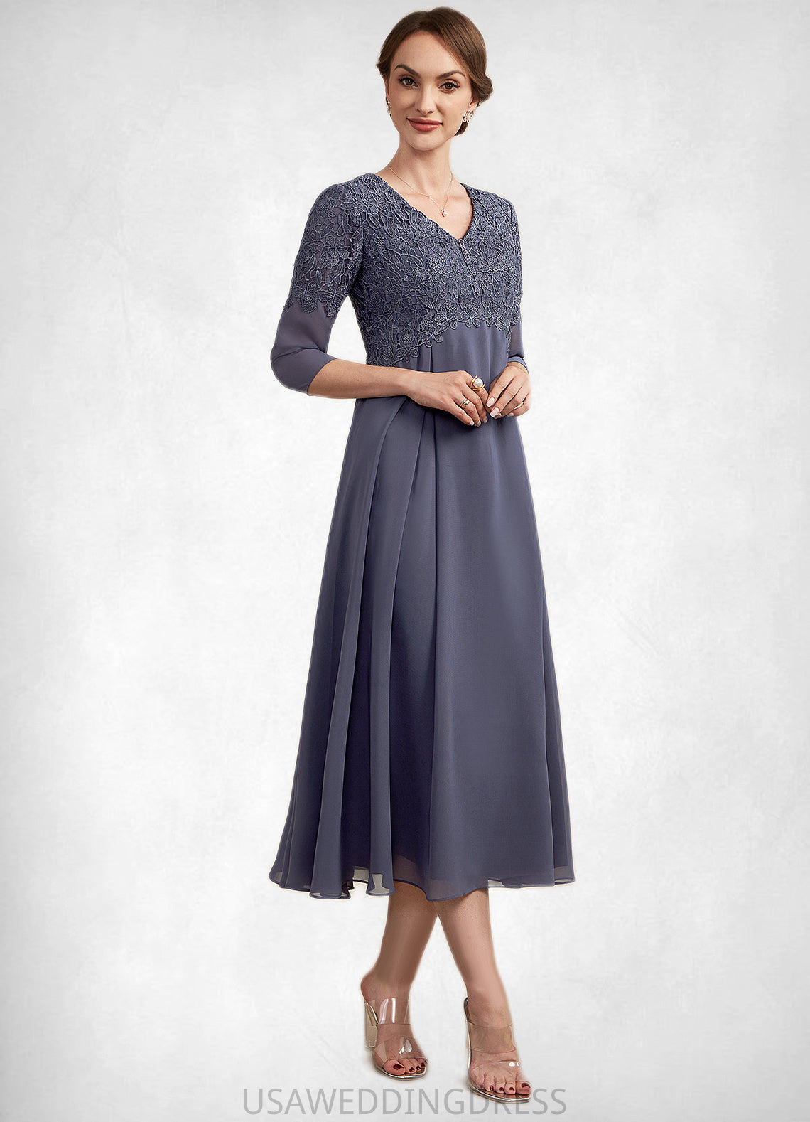 Sariah A-line V-Neck Tea-Length Chiffon Lace Mother of the Bride Dress With Beading DS126P0014554