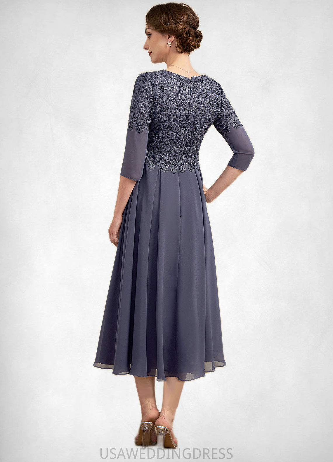 Sariah A-line V-Neck Tea-Length Chiffon Lace Mother of the Bride Dress With Beading DS126P0014554