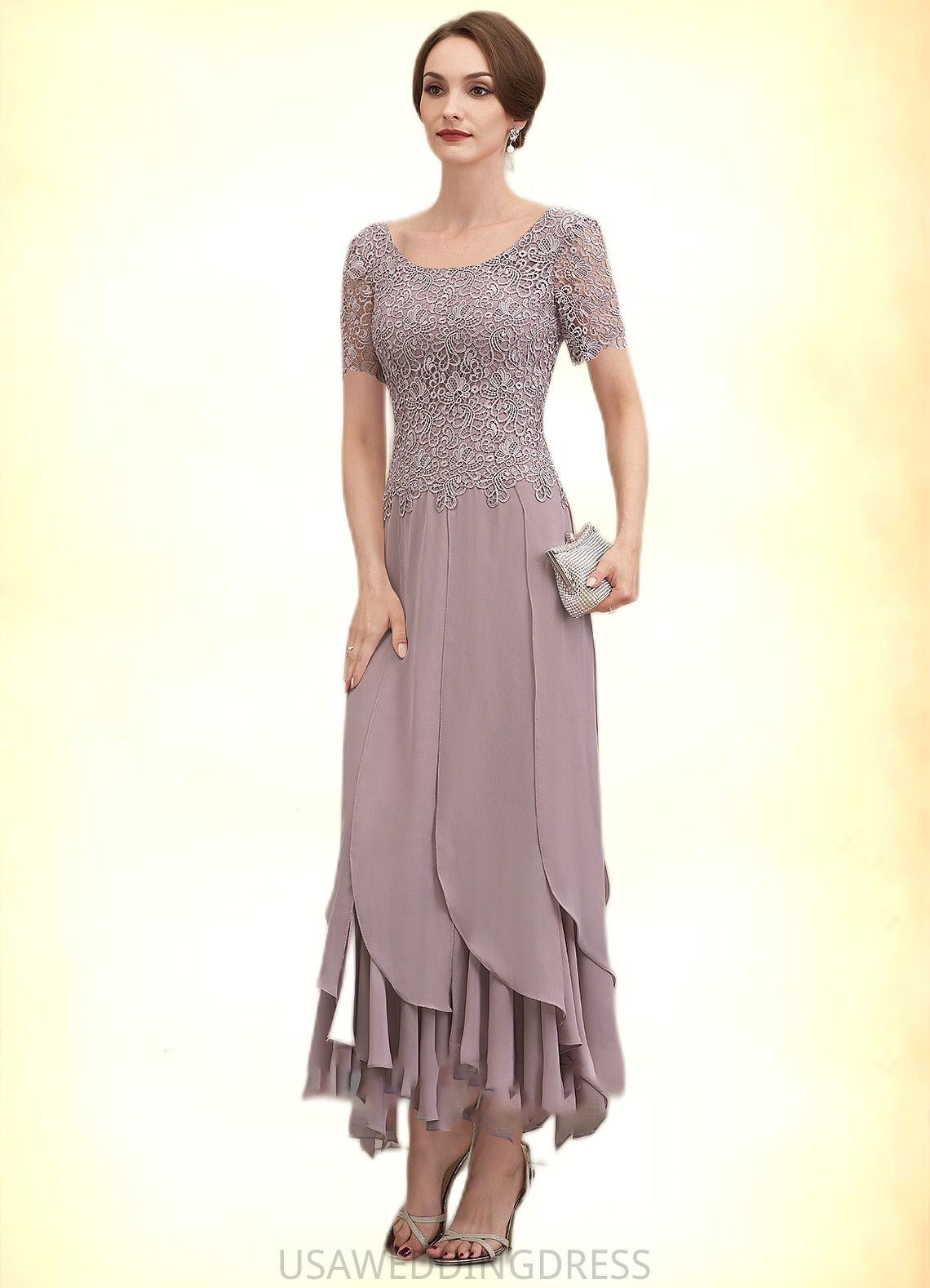 Lailah A-Line Scoop Neck Ankle-Length Chiffon Lace Mother of the Bride Dress With Cascading Ruffles DS126P0014555