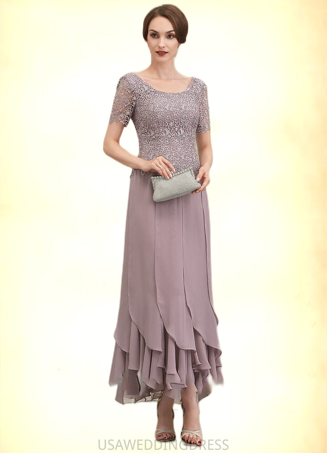 Lailah A-Line Scoop Neck Ankle-Length Chiffon Lace Mother of the Bride Dress With Cascading Ruffles DS126P0014555