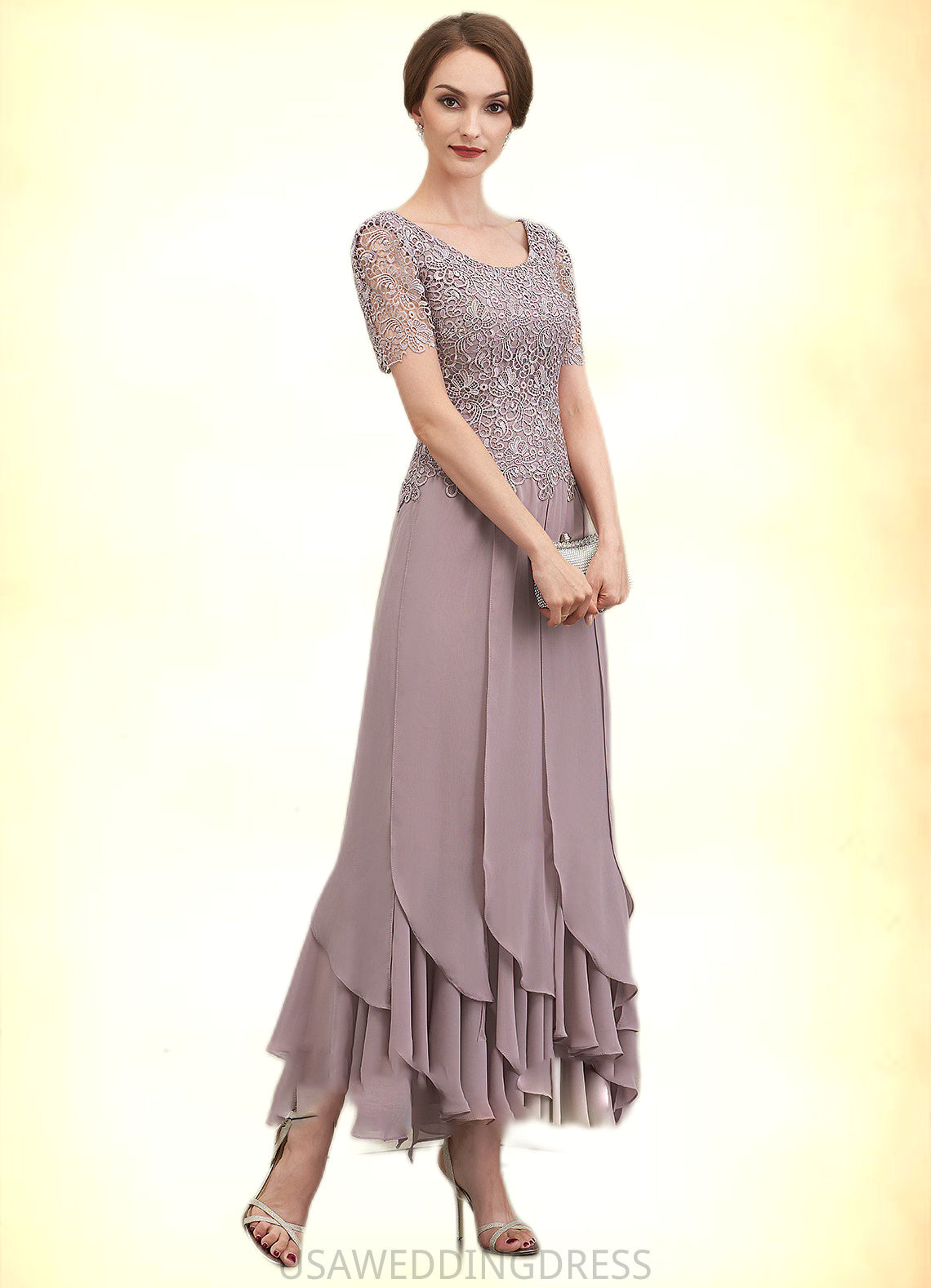 Lailah A-Line Scoop Neck Ankle-Length Chiffon Lace Mother of the Bride Dress With Cascading Ruffles DS126P0014555