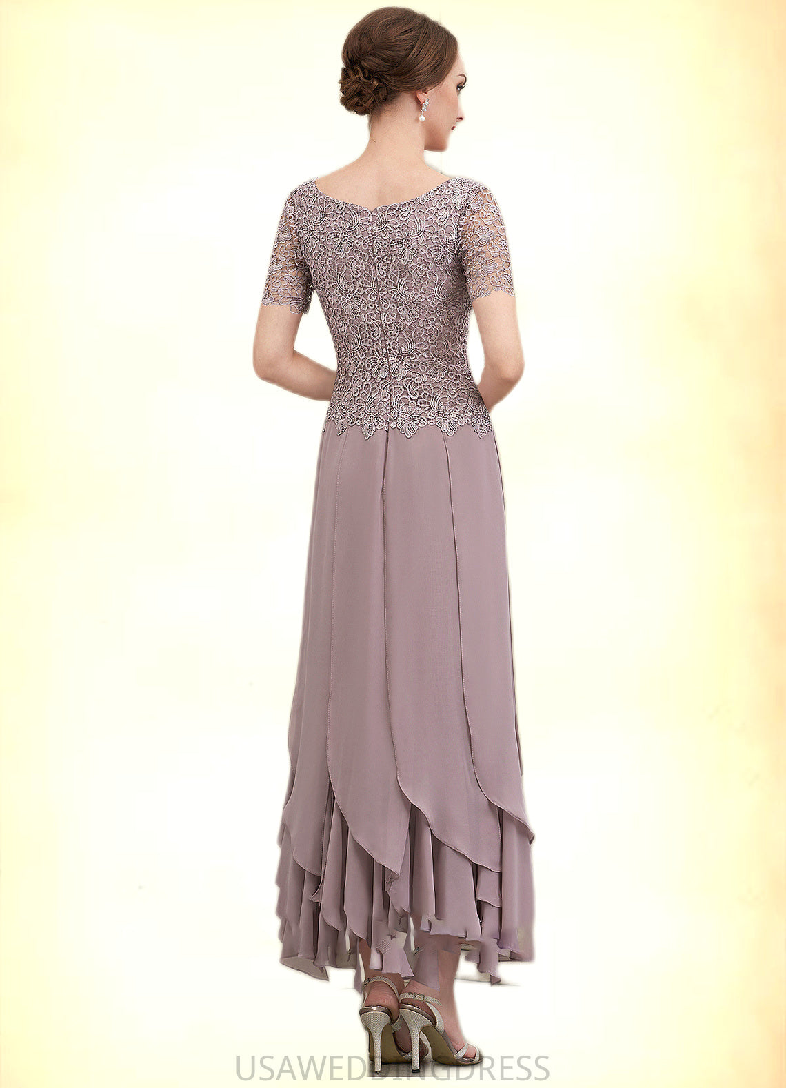 Lailah A-Line Scoop Neck Ankle-Length Chiffon Lace Mother of the Bride Dress With Cascading Ruffles DS126P0014555