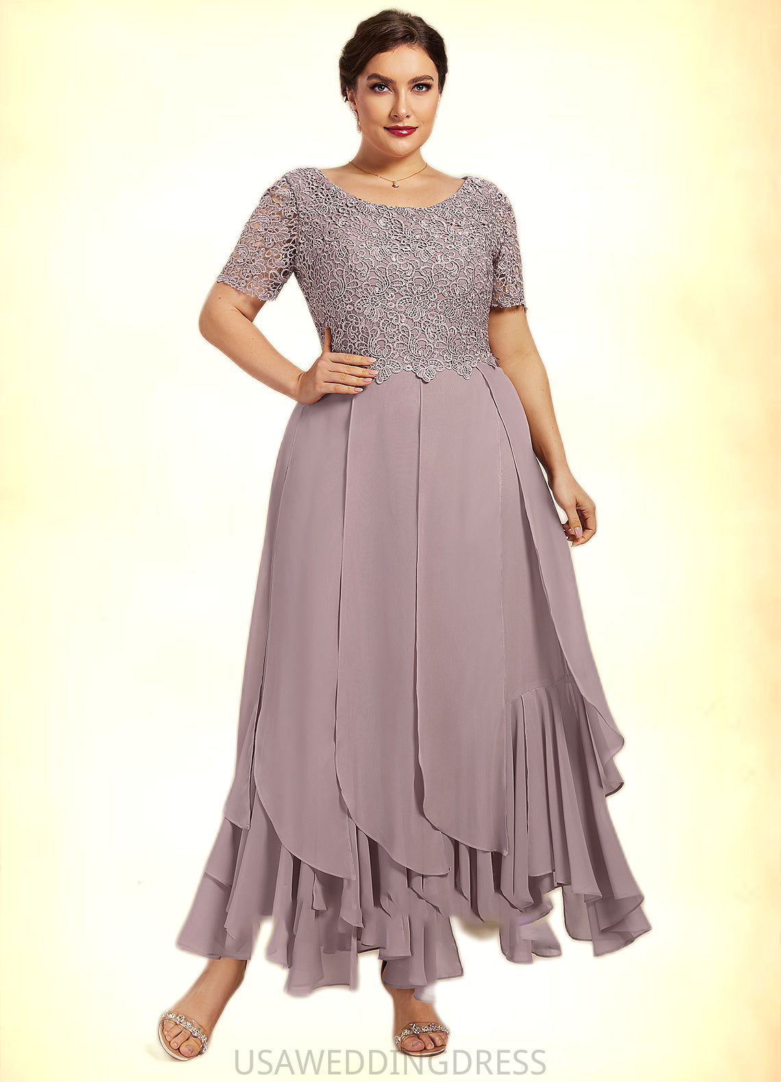 Lailah A-Line Scoop Neck Ankle-Length Chiffon Lace Mother of the Bride Dress With Cascading Ruffles DS126P0014555