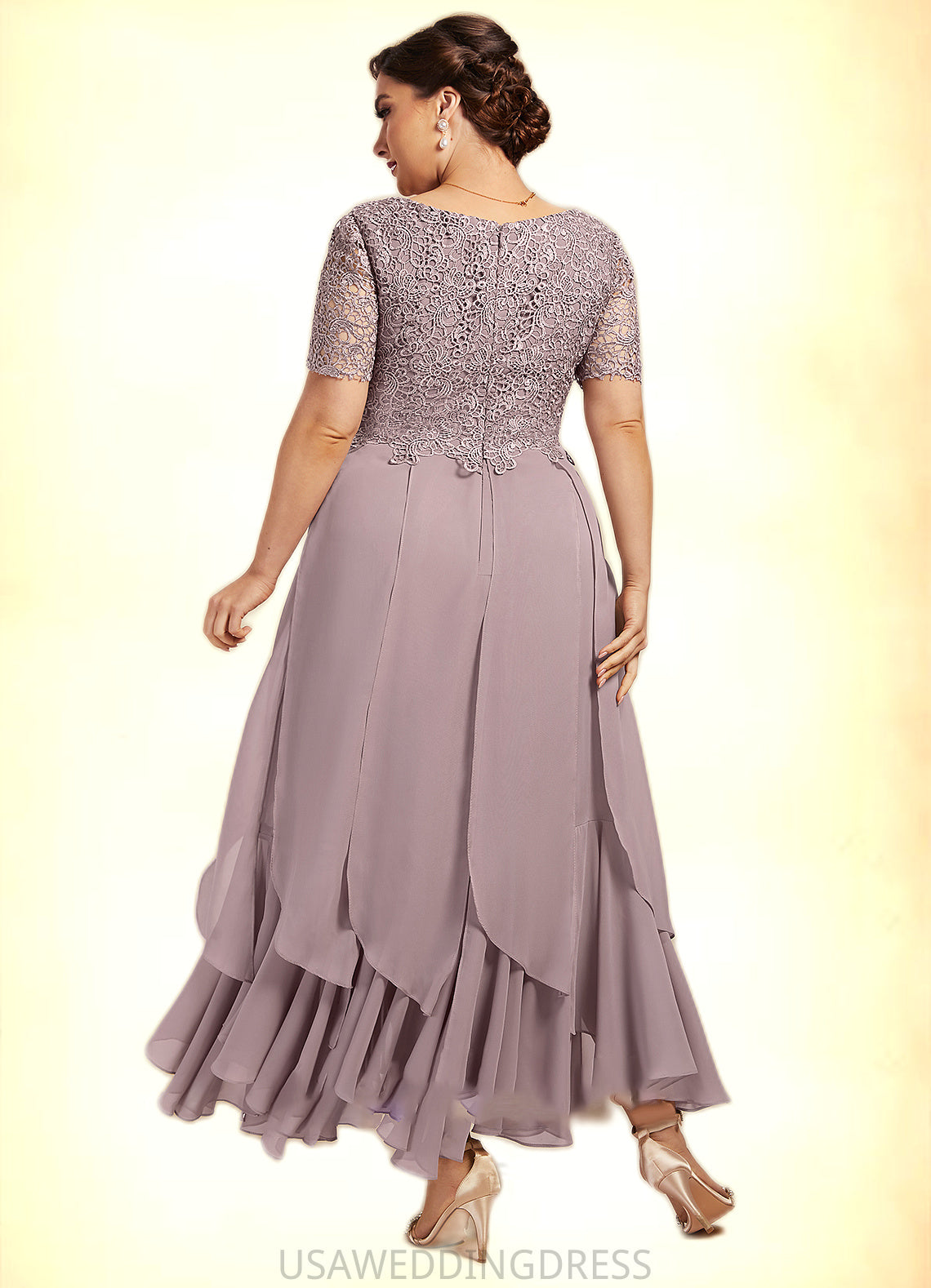 Lailah A-Line Scoop Neck Ankle-Length Chiffon Lace Mother of the Bride Dress With Cascading Ruffles DS126P0014555