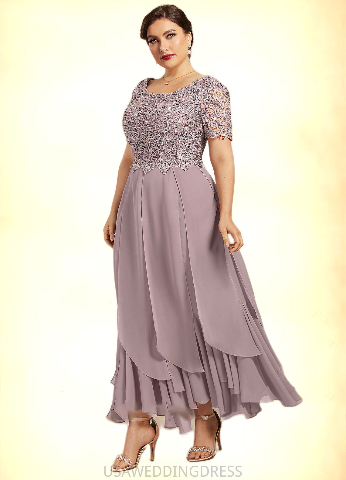 Lailah A-Line Scoop Neck Ankle-Length Chiffon Lace Mother of the Bride Dress With Cascading Ruffles DS126P0014555