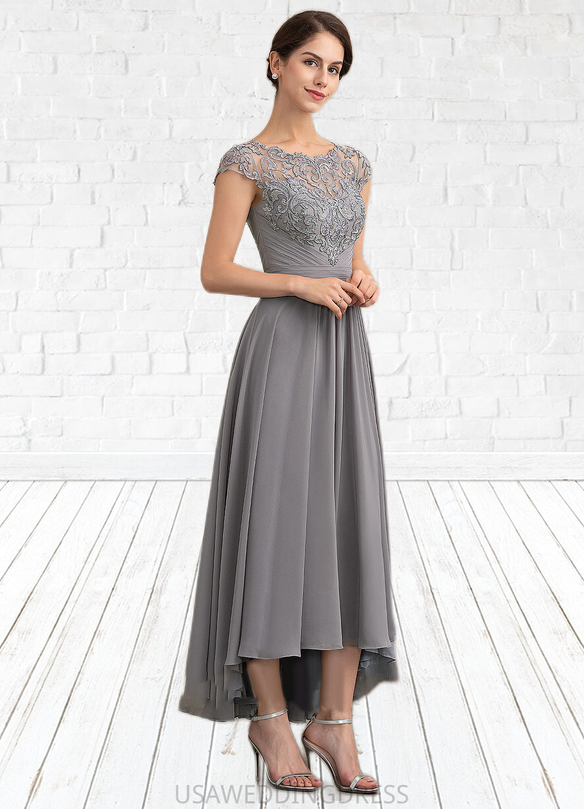 Emma A-Line Scoop Neck Asymmetrical Chiffon Lace Mother of the Bride Dress DS126P0014556