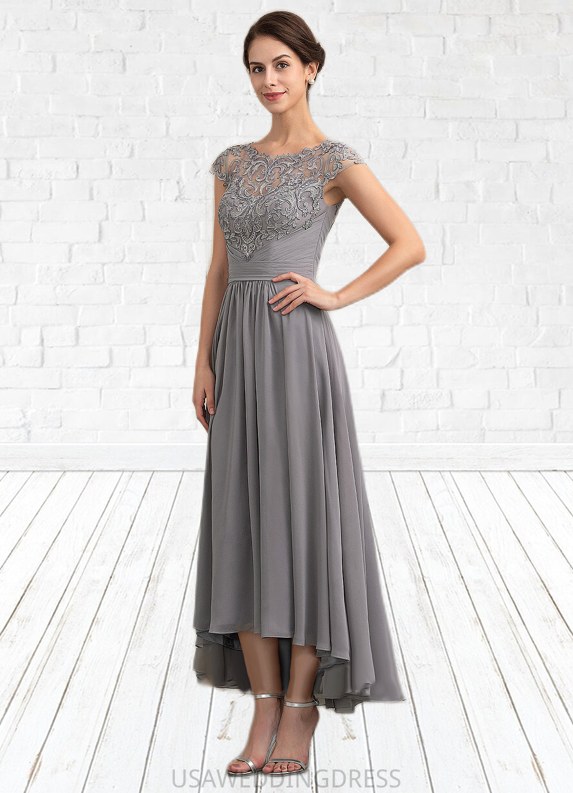 Emma A-Line Scoop Neck Asymmetrical Chiffon Lace Mother of the Bride Dress DS126P0014556