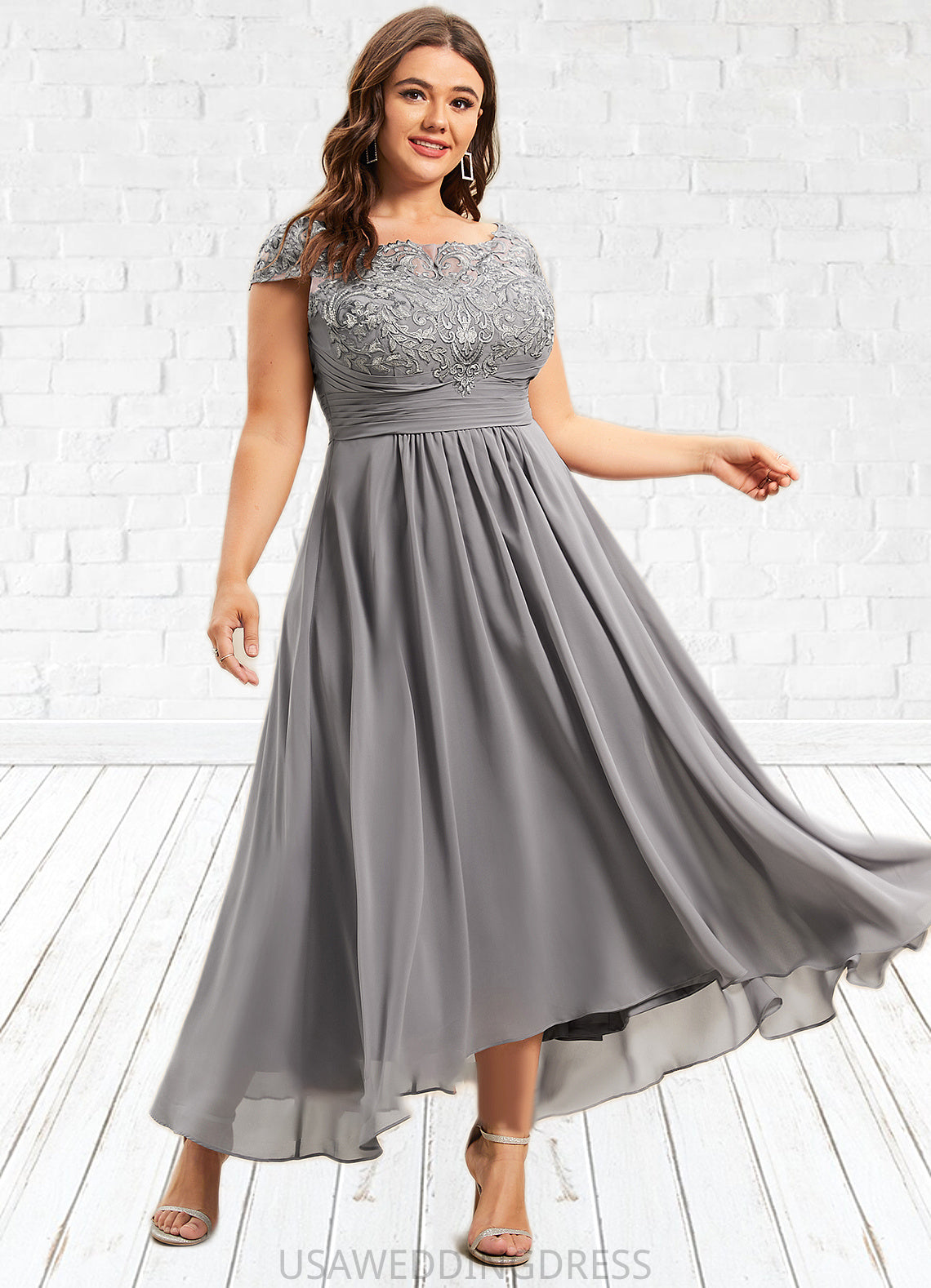 Emma A-Line Scoop Neck Asymmetrical Chiffon Lace Mother of the Bride Dress DS126P0014556