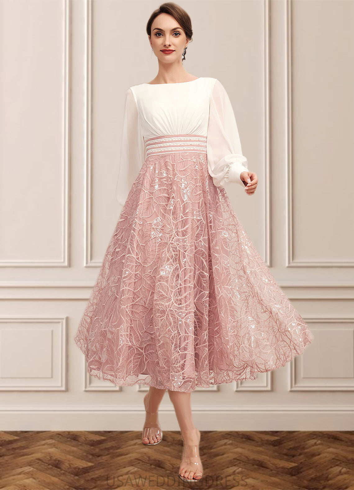 Nellie A-Line Scoop Neck Tea-Length Chiffon Lace Mother of the Bride Dress With Beading DS126P0014557