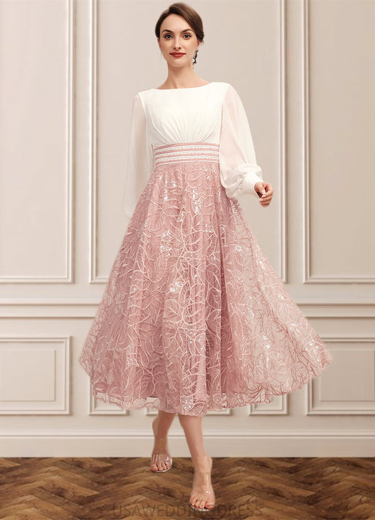 Nellie A-Line Scoop Neck Tea-Length Chiffon Lace Mother of the Bride Dress With Beading DS126P0014557