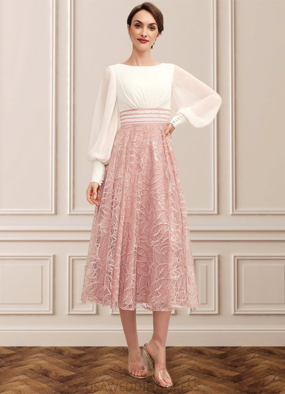 Nellie A-Line Scoop Neck Tea-Length Chiffon Lace Mother of the Bride Dress With Beading DS126P0014557