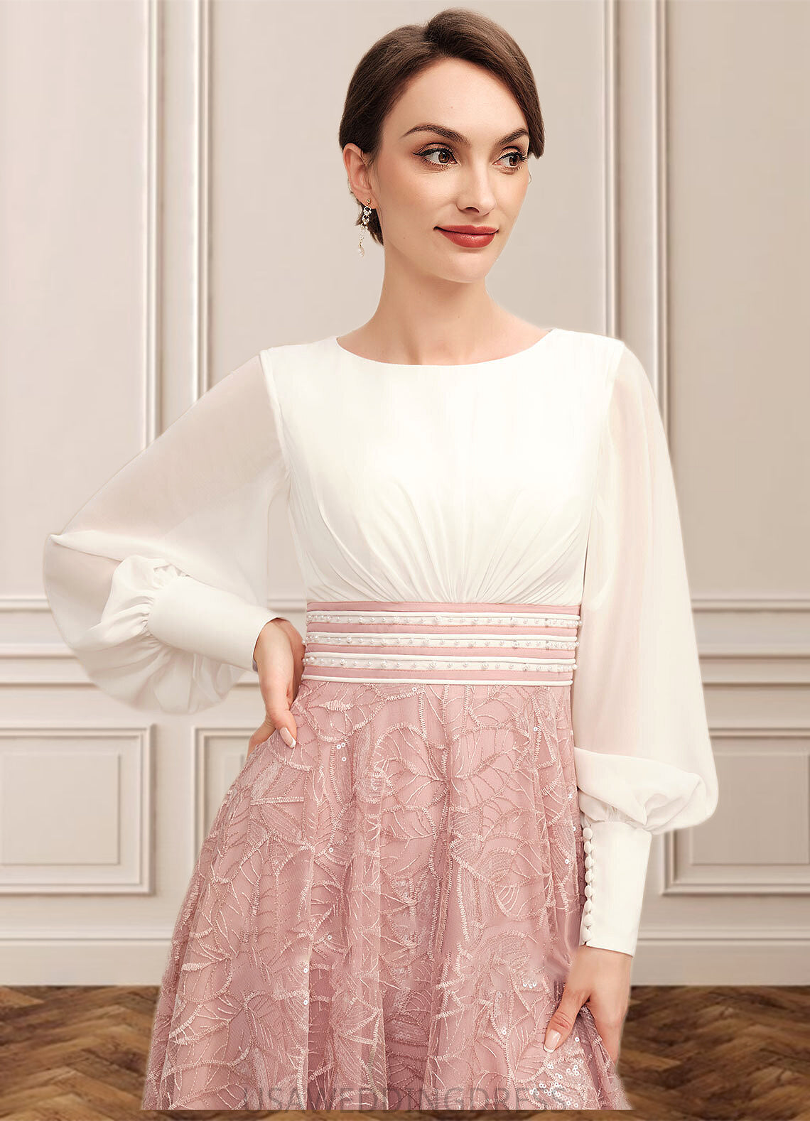 Nellie A-Line Scoop Neck Tea-Length Chiffon Lace Mother of the Bride Dress With Beading DS126P0014557