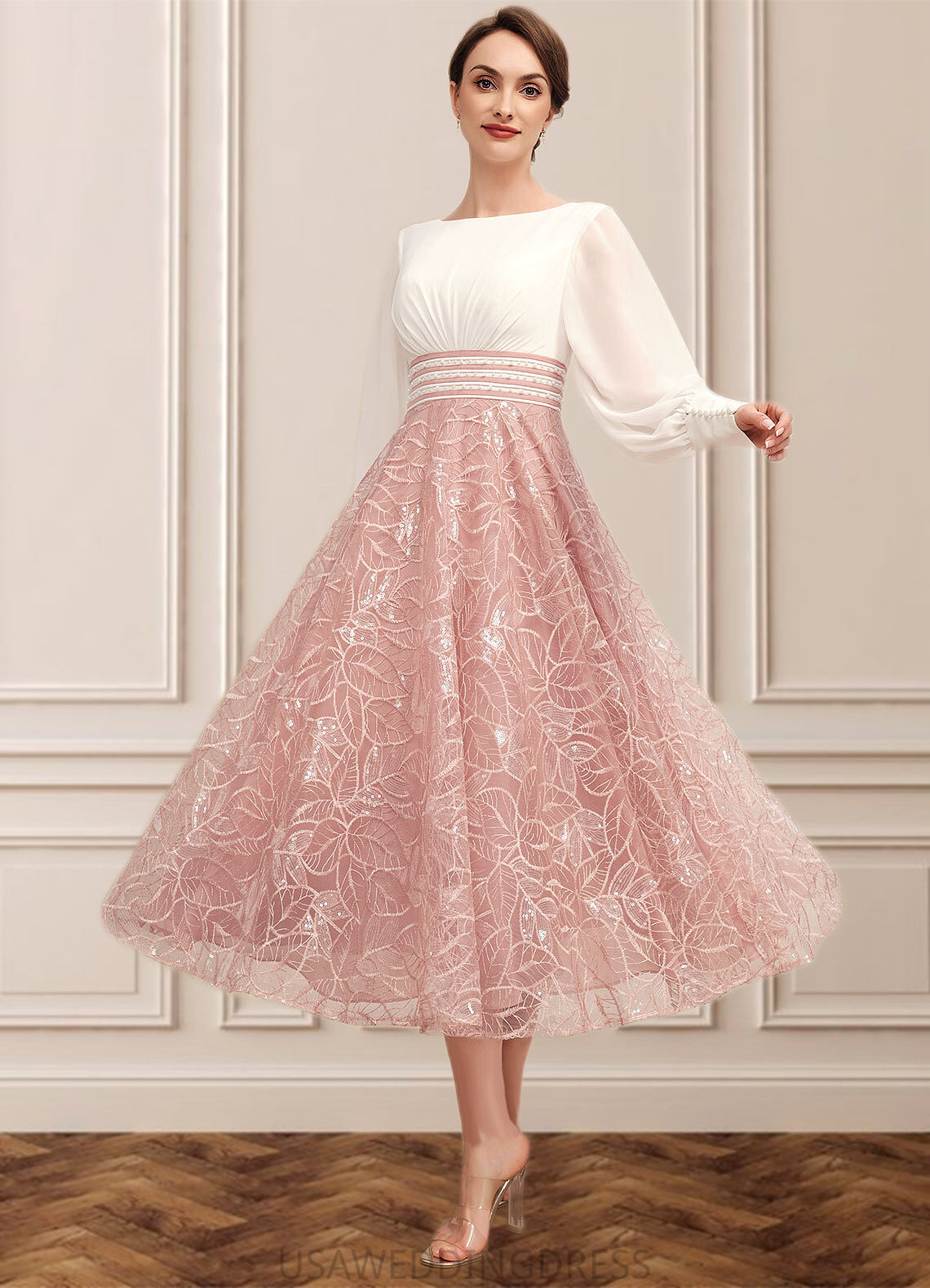 Nellie A-Line Scoop Neck Tea-Length Chiffon Lace Mother of the Bride Dress With Beading DS126P0014557